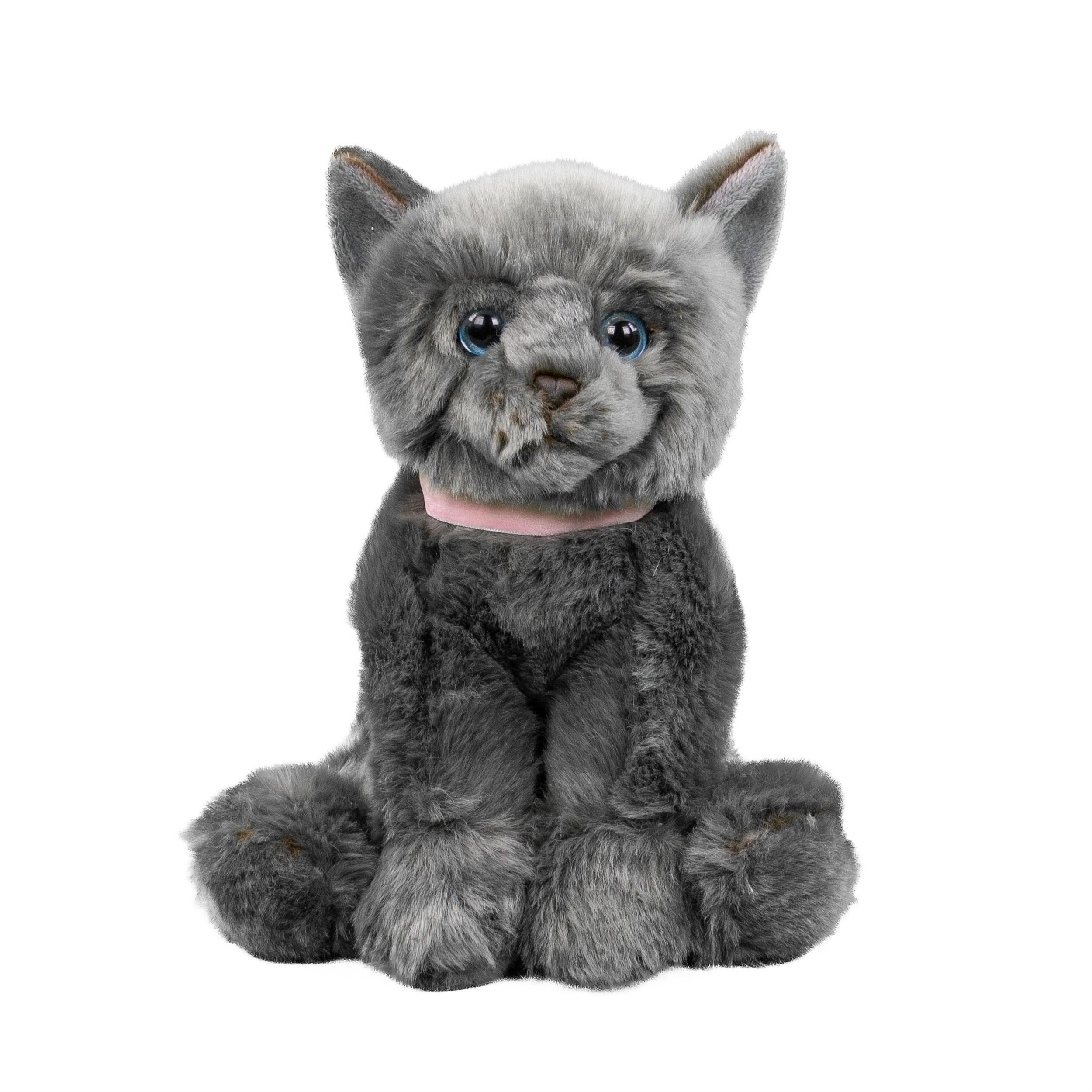 Teddys Rothenburg Kuscheltier Katze mit Halsband sitzend grau/rosa 25 cm Stoffkatze Plüschtier (Katze)