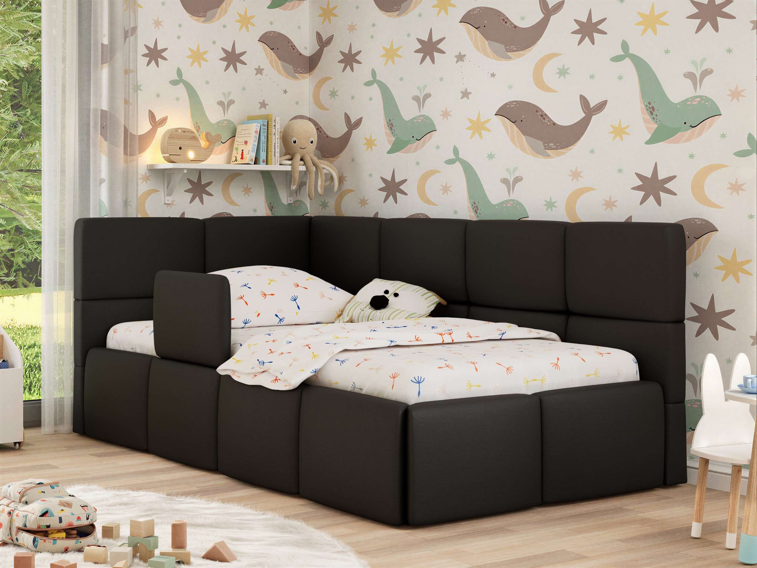 MKS MÖBEL Kinderbett ARVO ALTA (Set, inkl. Lattenrost, Bettkasten, Sicherheitsbarriere & Kopfteil), Eckbett mit Stauraum, Rausfallschutz & Gasdruckfedern