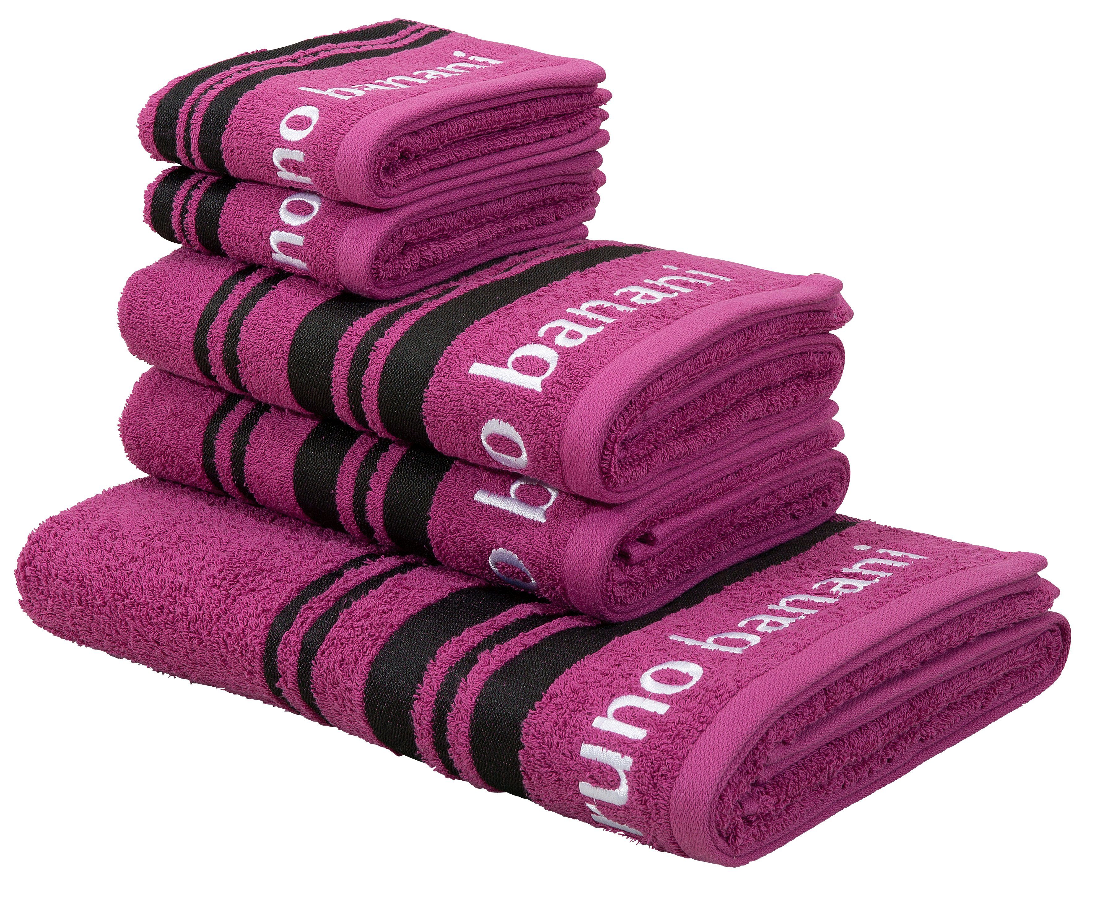 Bruno Banani Handtuch Set Daniel, 1 Duschtuch 70x140, 2 Handtücher 50x100, 2 Gästetücher 30x50, Walkfrottee (Set, 5-St), Streifen-Bordüre & Markenlogo, weich, 100% Baumwolle