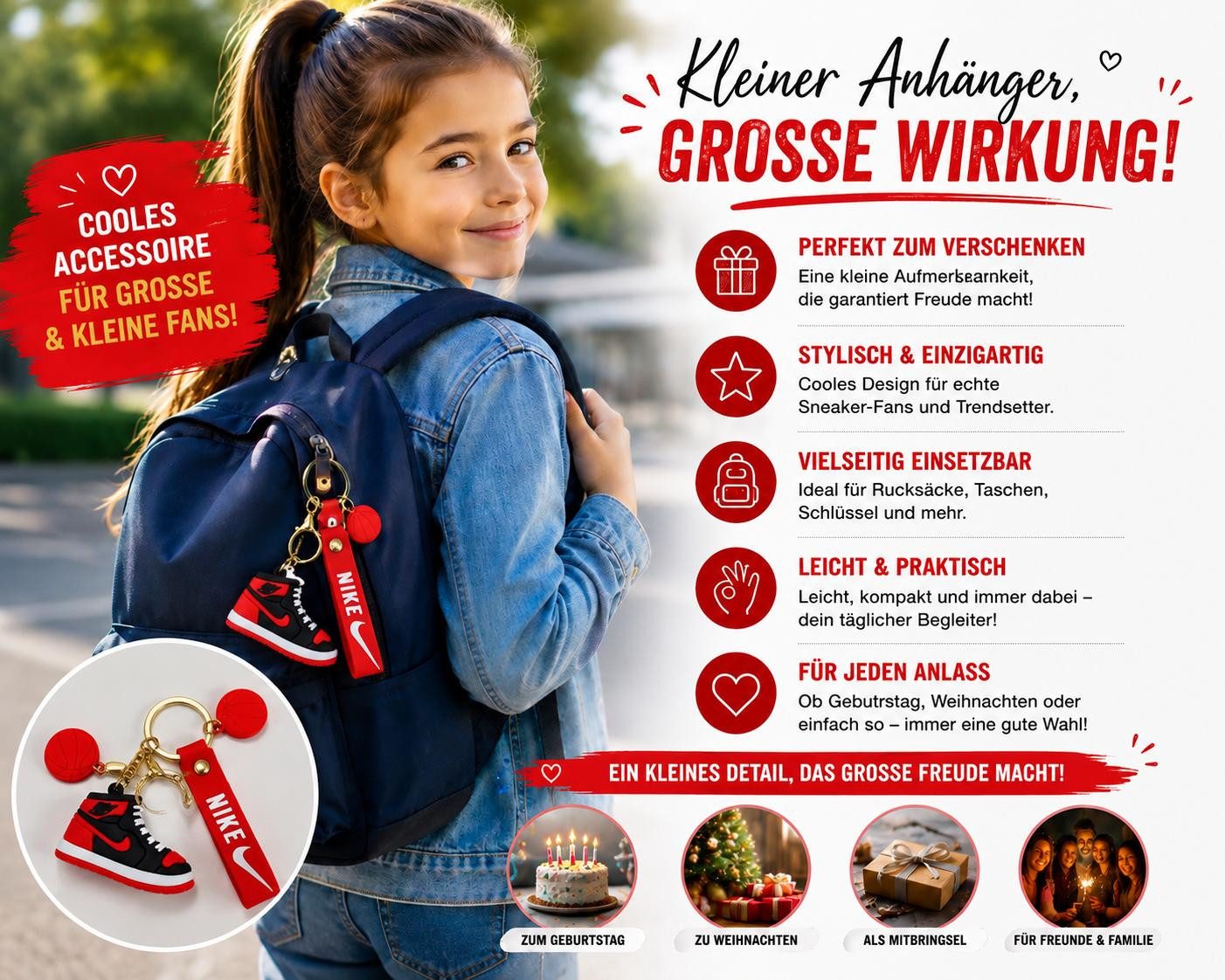 soma Schlüsselanhänger Sneaker-Rucksackanhänger Bag 6cm Basketball Karabiner rot schwarz weiß (Set, 1-tlg., Geschenk-Set), Sportlicher Sneaker-Anhänger mit Basketball und Karabiner