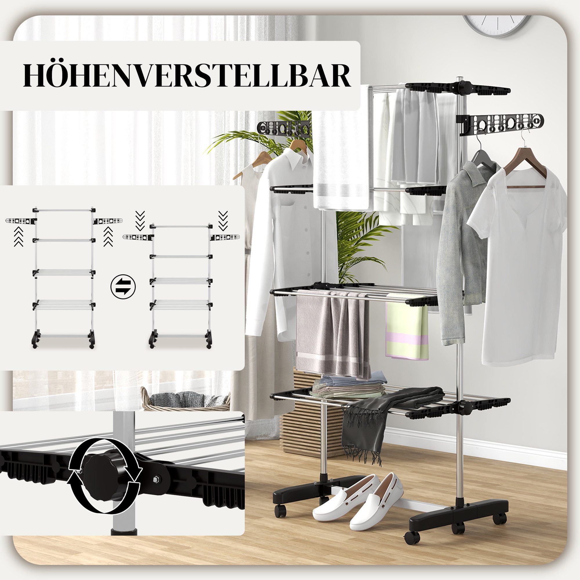 HOMCOM Wäscheständer Turm Standtrockner mit 4 Ebenen, klappbare Flügel, Rollen, für Indoor, Outdoor, Stahl Schwarz 80,142 x 55 x 172 cm – Bild 4 von 5