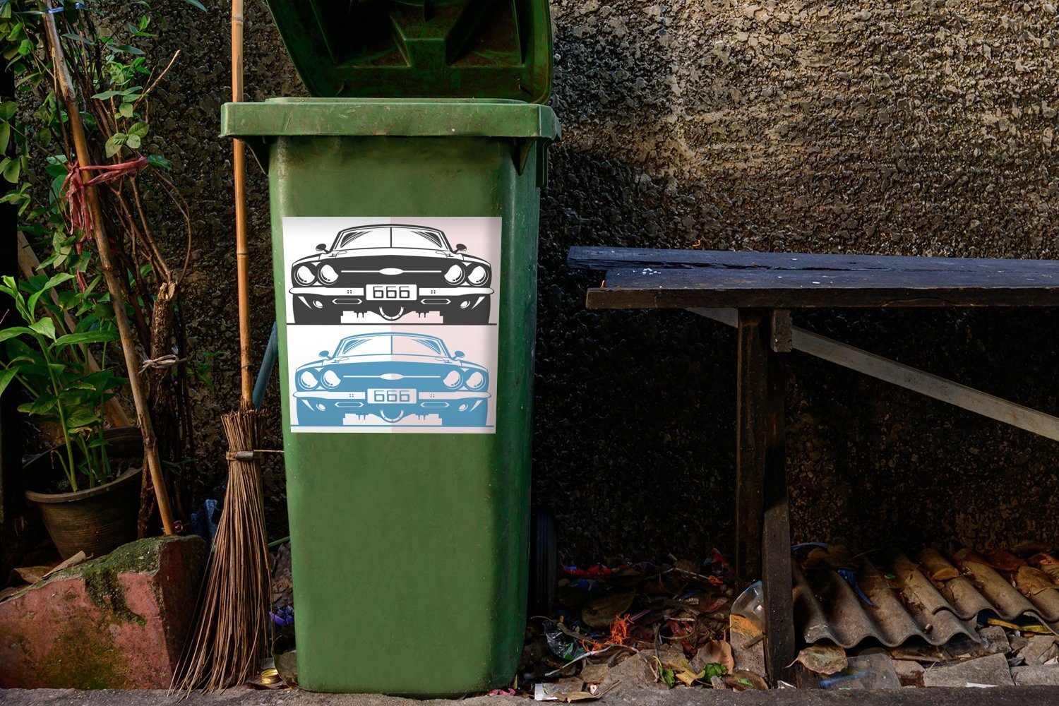 Sticker, Muscle Illustrationen des Cars Schwarz MuchoWow Abfalbehälter Container, Wandsticker St), Blau in Mülltonne, und (1 Mülleimer-aufkleber,