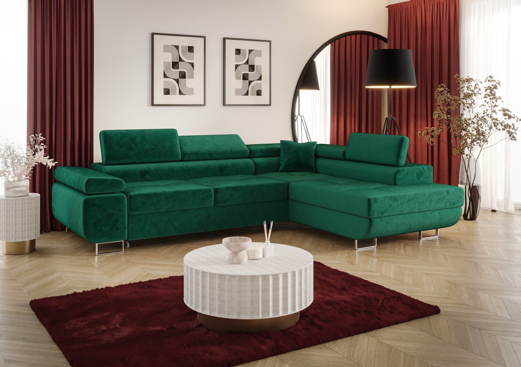 Fun Möbel Ecksofa Schlafsofa MONARO mit Ottomane in Stoff, Bettkasten, Kopfstützen verstellbar