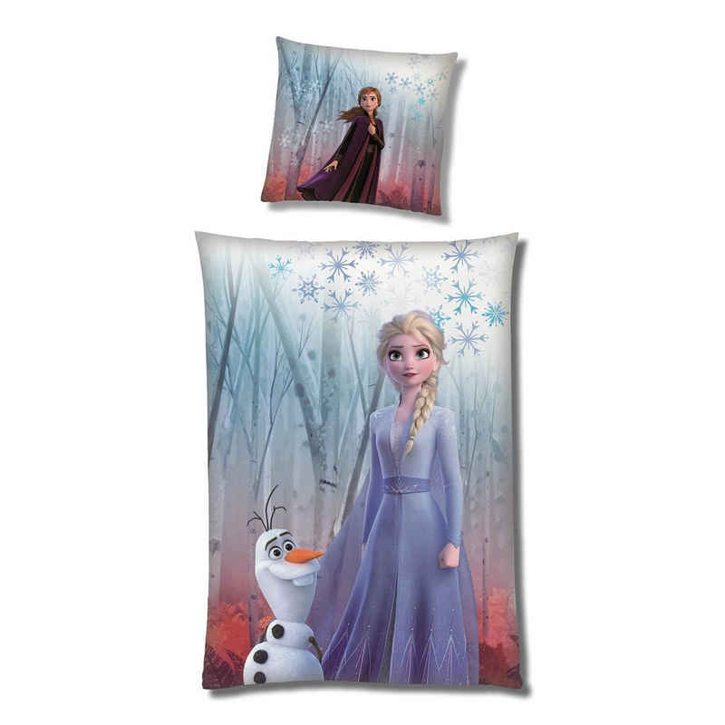 Kinderbettwäsche Frozen Eiskönigin 135x200 80x80 cm, extra flauschig mit Reißverschluss, Familando, Fleece, 2 teilig, mit Anna, Elsa und Olaf im Zauberwald