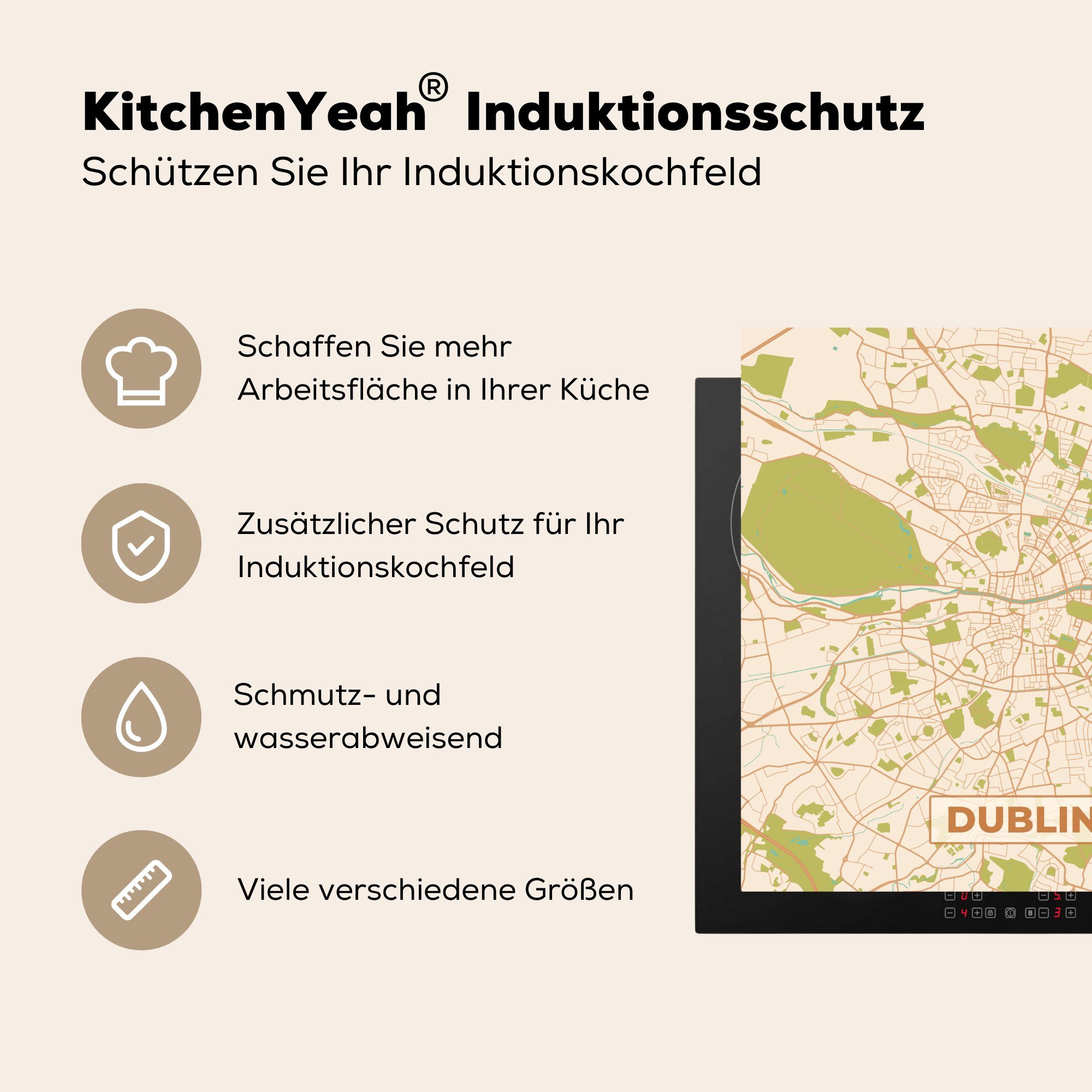 - Stadtplan Dublin - Herdblende-/Abdeckplatte küche Arbeitsplatte cm, (1 78x78 Vintage Karte, MuchoWow Ceranfeldabdeckung, tlg), für Vinyl, -
