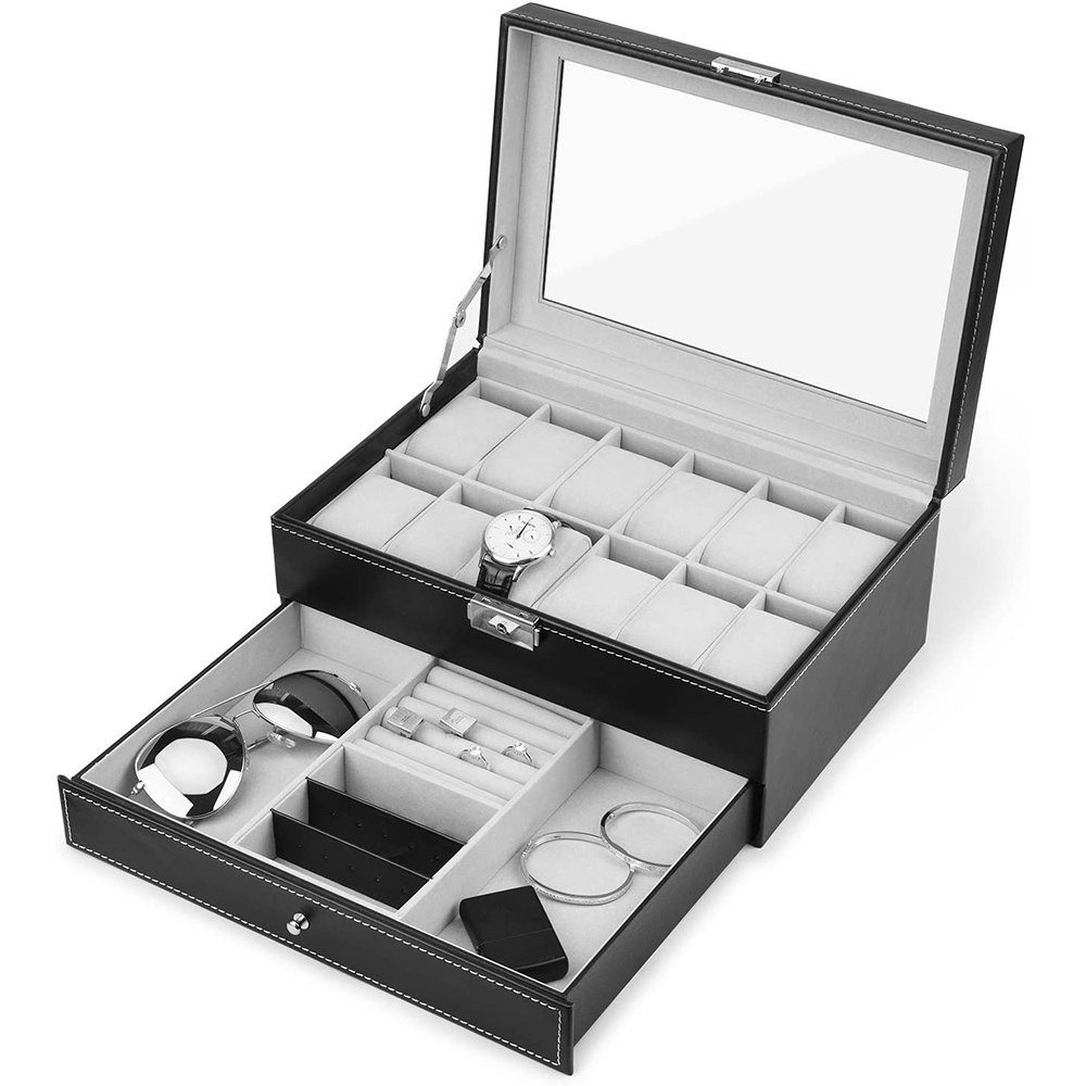 Rosnek Uhrenbox 2-Etagen, mit und 12 Schmuck Uhren, Schloss Gläser, Schwarz Schlüssel und für Fächer