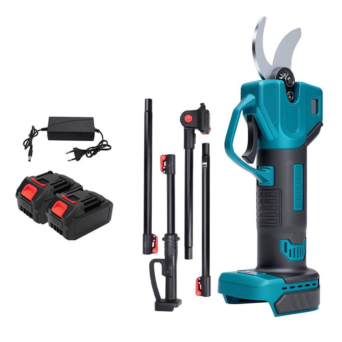 Insma Akku-Astschere, bis 2 m Arbeitshöhe, (Elektrische Astschere mit 2m Teleskopstange), bürstenlosem Motor, wiederaufladbar, 30mm, inkl. 2 Akkus & Ladegerät