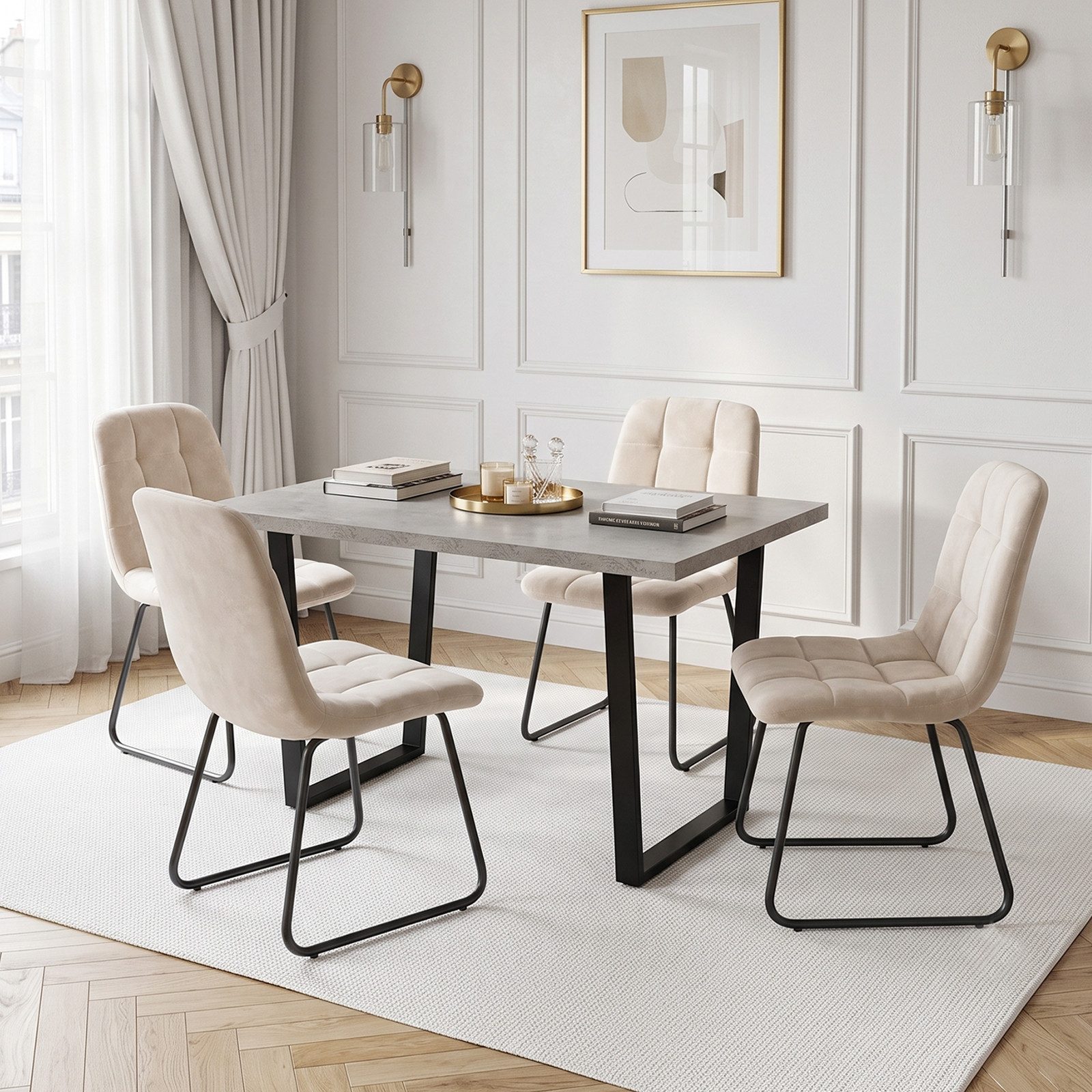 Jiexi Essgruppe Essgruppe fest 110x70 MDF Grau Tisch Set mit Flanell Stühlen