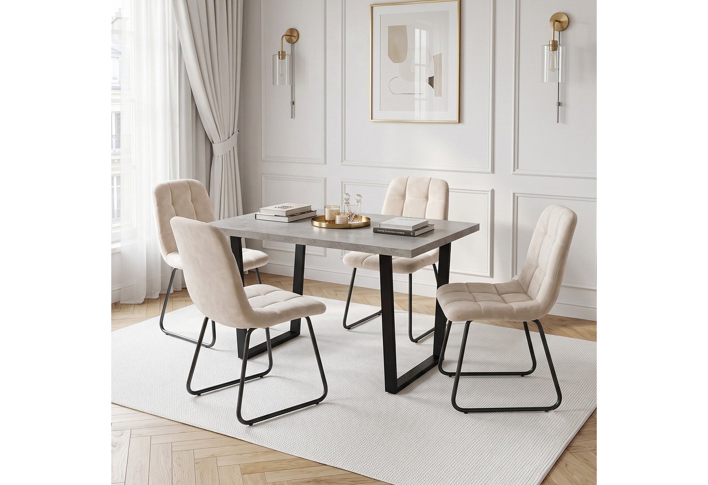 Jiexi Essgruppe Essgruppe fest 110x70 MDF Grau Tisch Set mit Flanell Stühlen