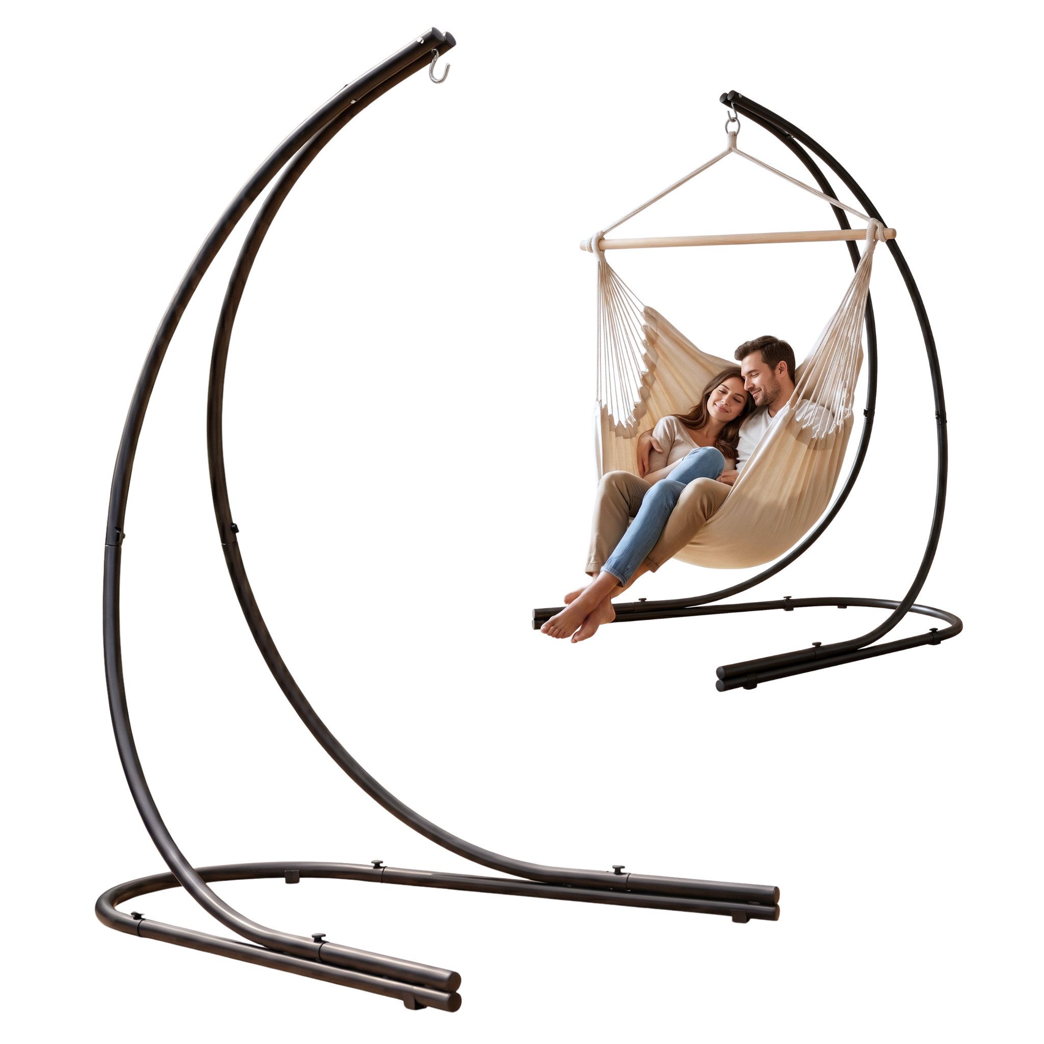 AMANKA Hängestuhl Gestell Freistehend Schwarz - 210 cm Hängesessel Gestell bis 150 kg, Stahl Hängestuhlgestell Wetterfest - XL Ständer für Drinnen & Draußen