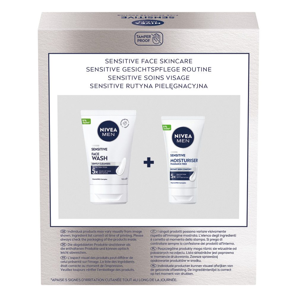 Nivea Men Gesichtspflege-Set Sensitive Gesichtspflege Set Waschgel 100 ml + Gesichtscreme 50 ml Set, 2-tlg., 5-facher Schutzeffekt vor Hautirritationen