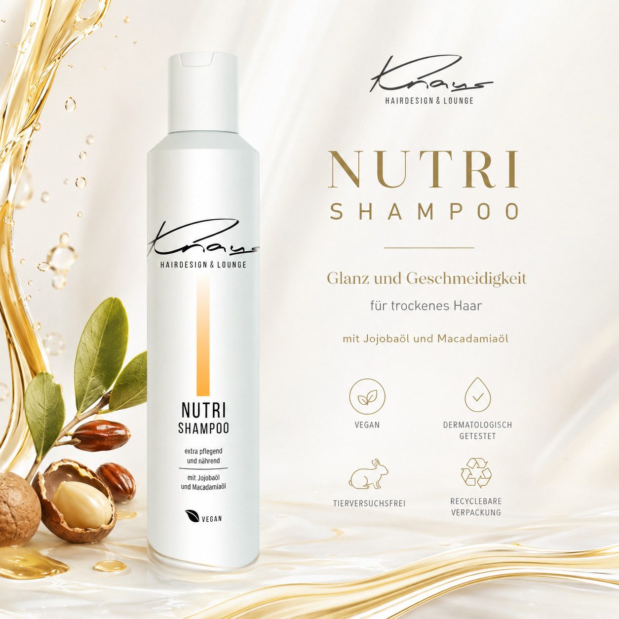 Knaus Hairdesign Haarshampoo NUTRI Shampoo, mit Jojoba-Öl für kräftiges und trockenes Haar, Maximale Feuchtigkeitsbindung. Kaltgepresstes Jojoba- & Macadamia-Öl