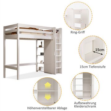 XDeer Hochbett Kinderbett mit Kleiderschrank und 6 Regalen Einzelbett Stauraum Hochbett Liegefläche 90x200 cm -208x110x186(BxTxH)WeißKids