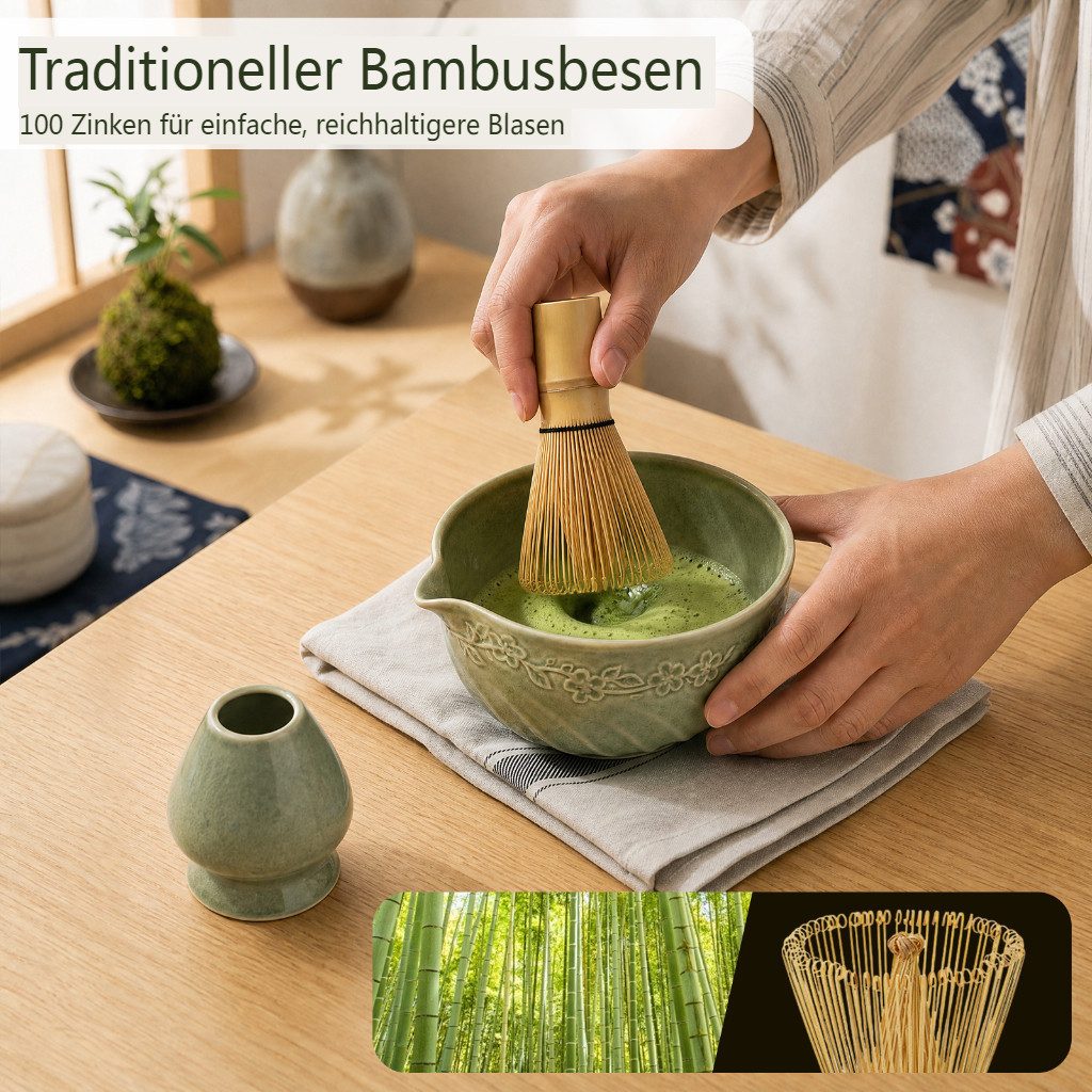 VONATES Teeservice 9-teilig Matcha Set mit Matcha-Schale, Bambus-Besener & Halter, Sieb, Löffel, Tuch, Eisform, aus Bambus und Keramik für Teezeremonie – Bild 5 von 5