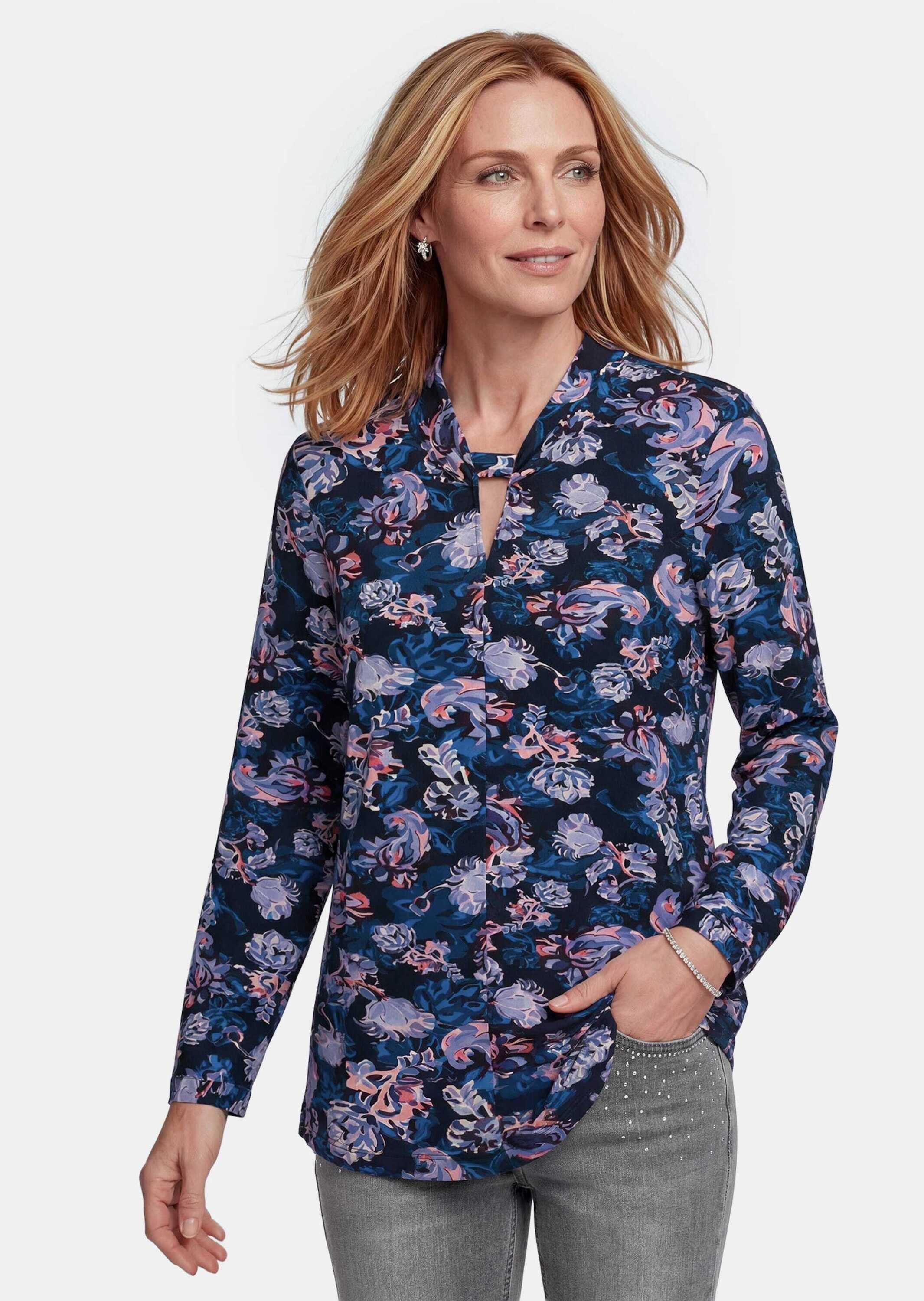 GOLDNER Print-Shirt Knotenshirt mit Stehkragen Gerades Jersey-Oberteil mit floralem Druck und schmaler Manschette