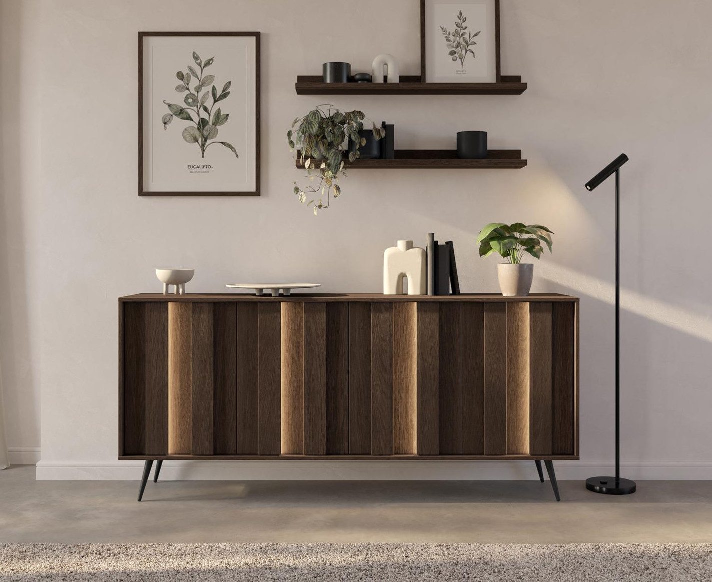 Compleo Kommode vier Türen, Design Sideboard mit LED PICO (Japandi Design), schwarz Metallfüße, Designer Möbel, MADE IN EU