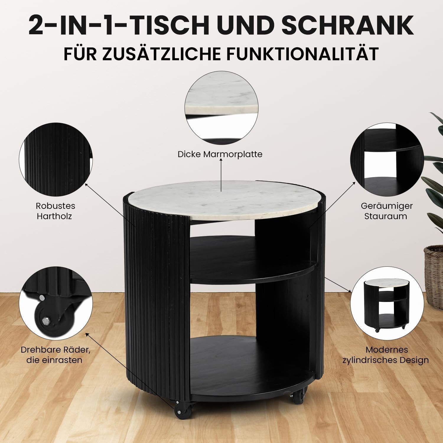 iAnanas Bartisch Holz & Marmor - Luxus Servierwagen & Barwagen - Weinregal, Rollbarer Bartisch mit Marmorplatte und Stauraum für Weinflaschen