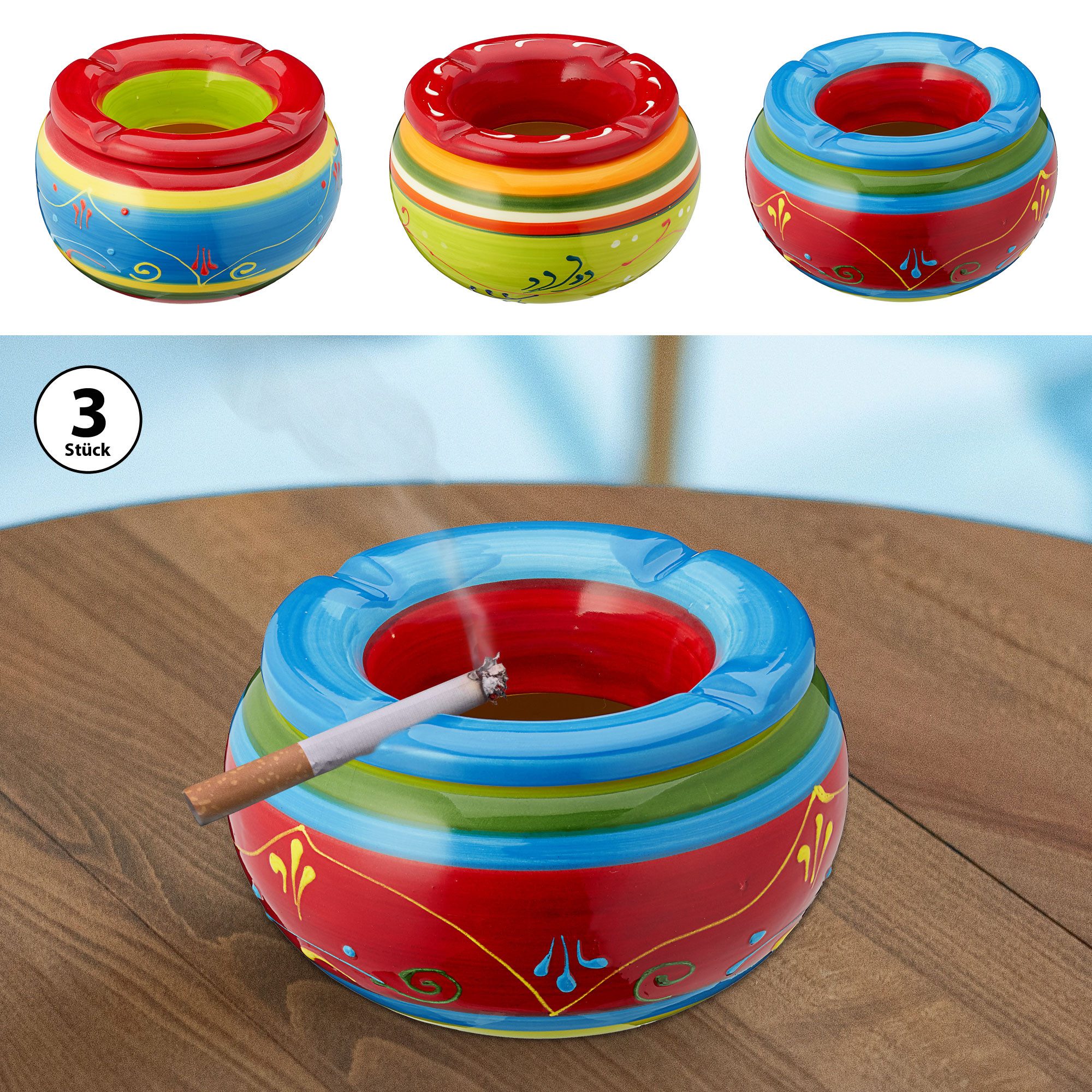 CEPEWA Aschenbecher Sturmaschenbecher `Provence´ 3er Set Ø 13,5cm Windaschenbecher