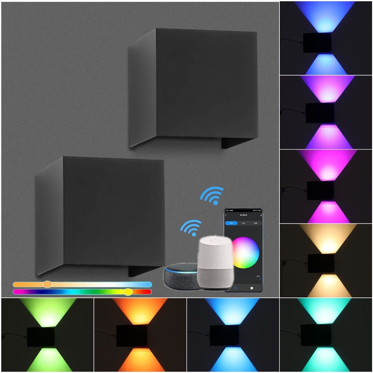 LETGOSPT Wandleuchte Smart WiFi LED Wandlampe Innen/Außen, 7W-RGB Farbwechsel, LED fest integriert, Warmweiß, RGB, steuerbar App/Sprachsteuerung, einstellbarer Abstrahlwinkel-Wandleuchte 2 Stücke 7W RGB Wandlampe (wifi)