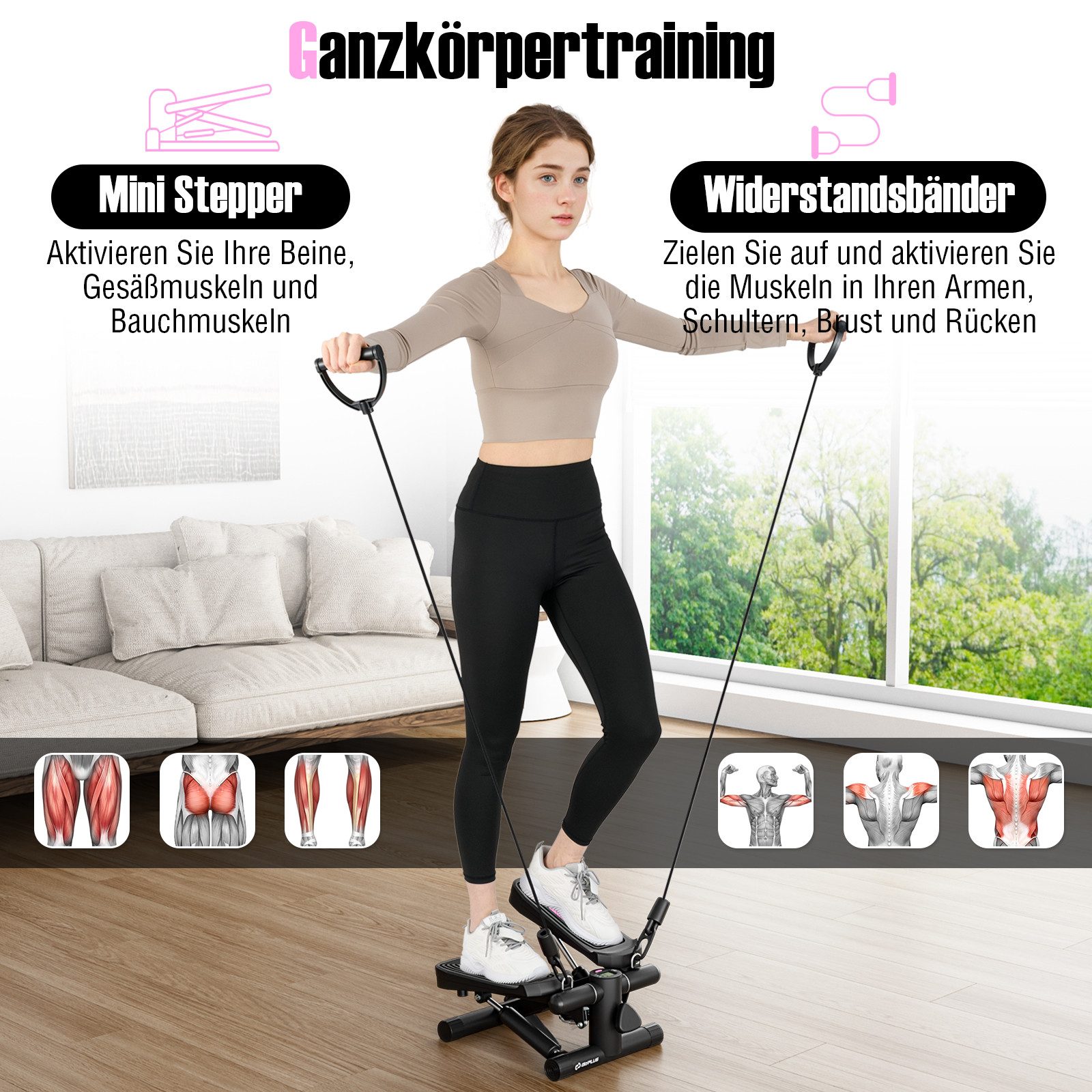 COSTWAY Mini-Stepper Mit Widerstandsband, unterwegs Fitnessgerät für zuhause