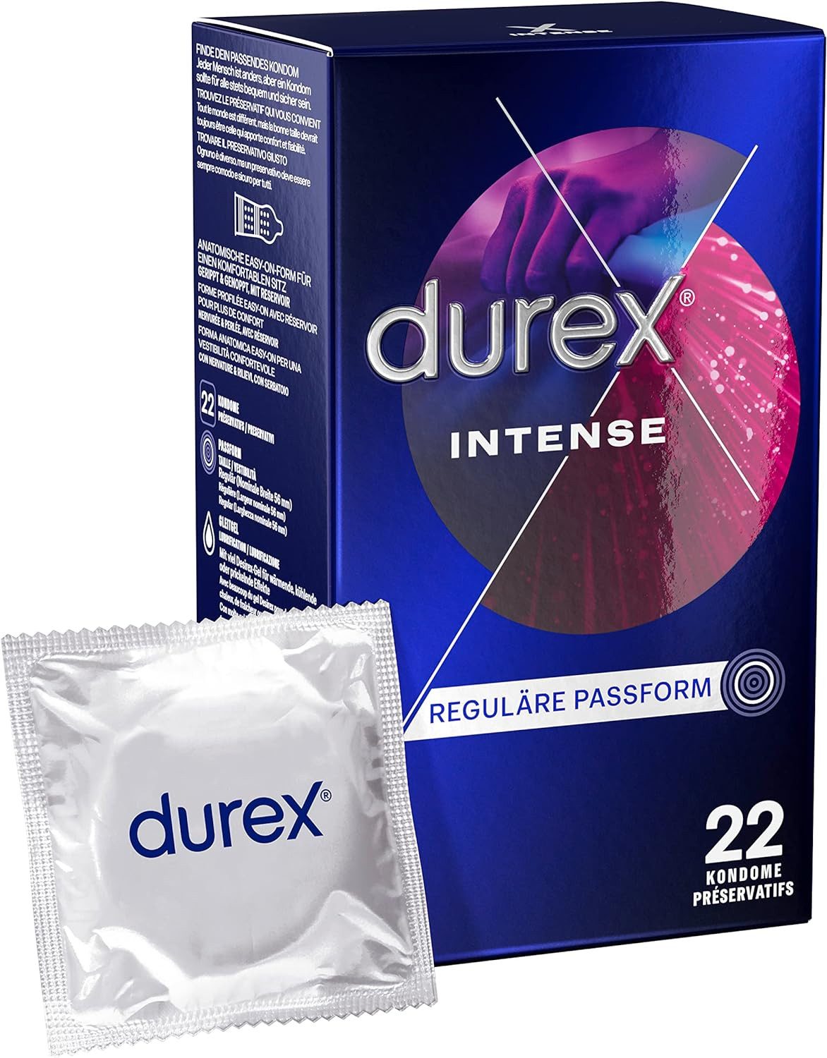 durex Kondome Intense, 22 St., Komfortabler Sitz, mit Noppen, Rippen & viel Desirex-Gel