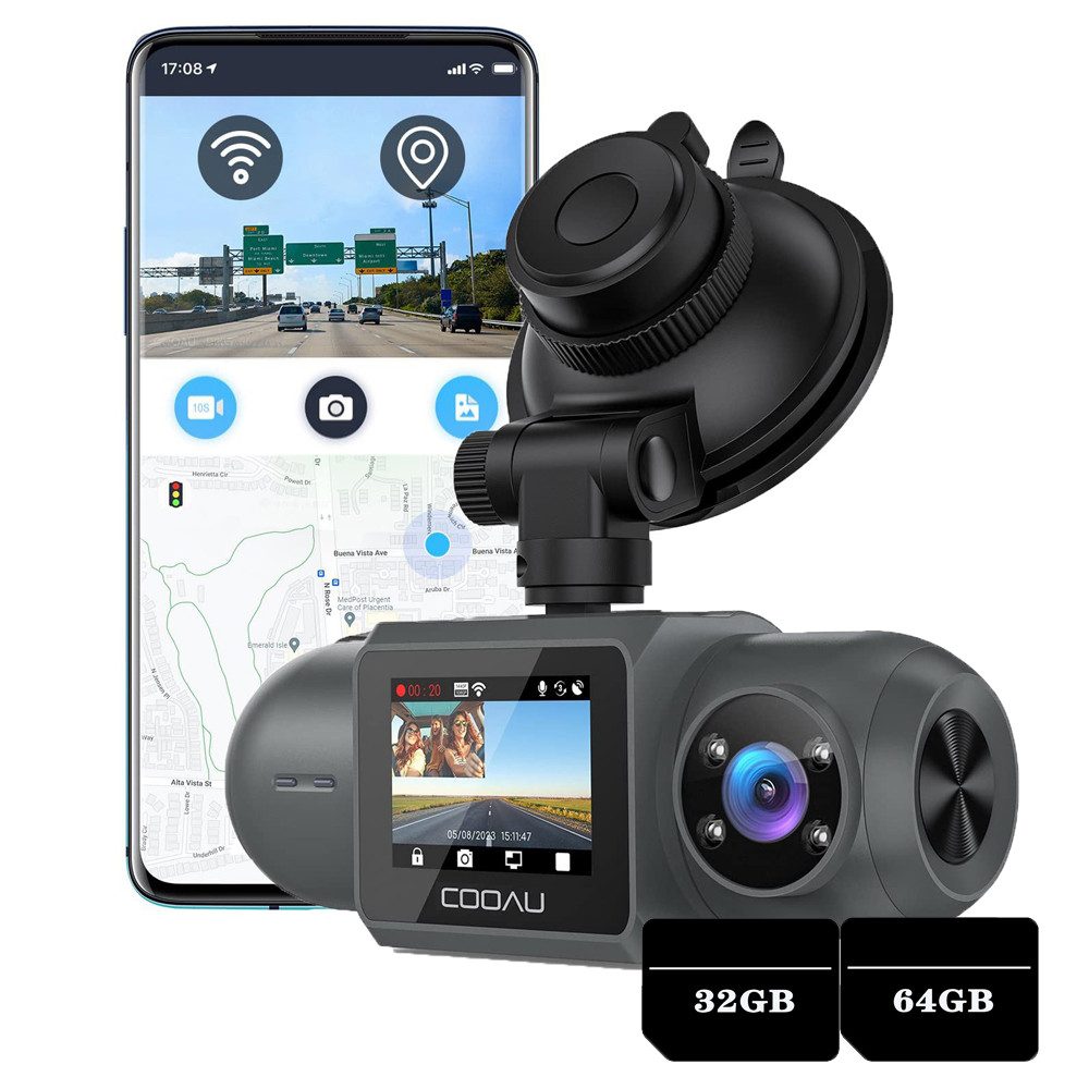 COOAU dashcam autokamera kabellos vorne und Innen mit parküberwachung & GPS Dashcam (4K Single Front - Aufnahme/Dual 1440P + 1080P Front & Inside - Aufnahme, WLAN (Wi-Fi), Parküberwachung und 24Std-Aufzeichnung,G-Sensor & Notfallsperre, Eingebautes APP-SteuerungInfrarot-Nachtsicht & WDR mit Hardwire-Kit)