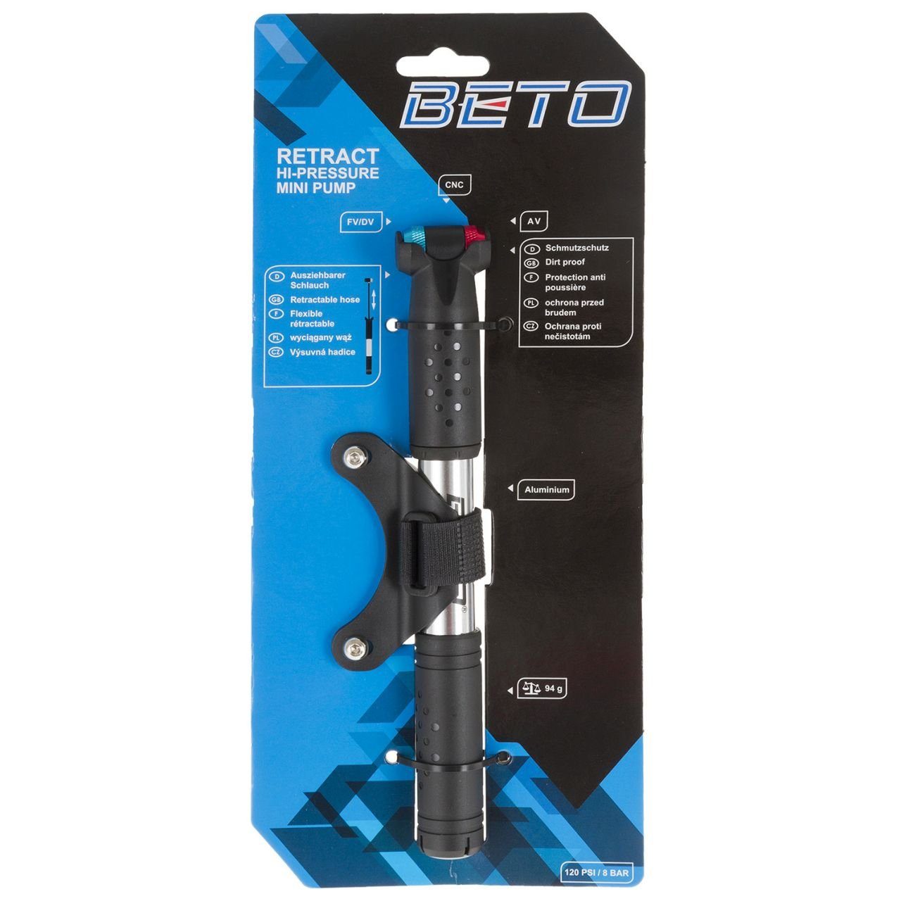 Beto Minipumpe Alu Mini Pumpe Schraub CNC Pumpenkopf SV AV DV ausziehbarer Schlauch