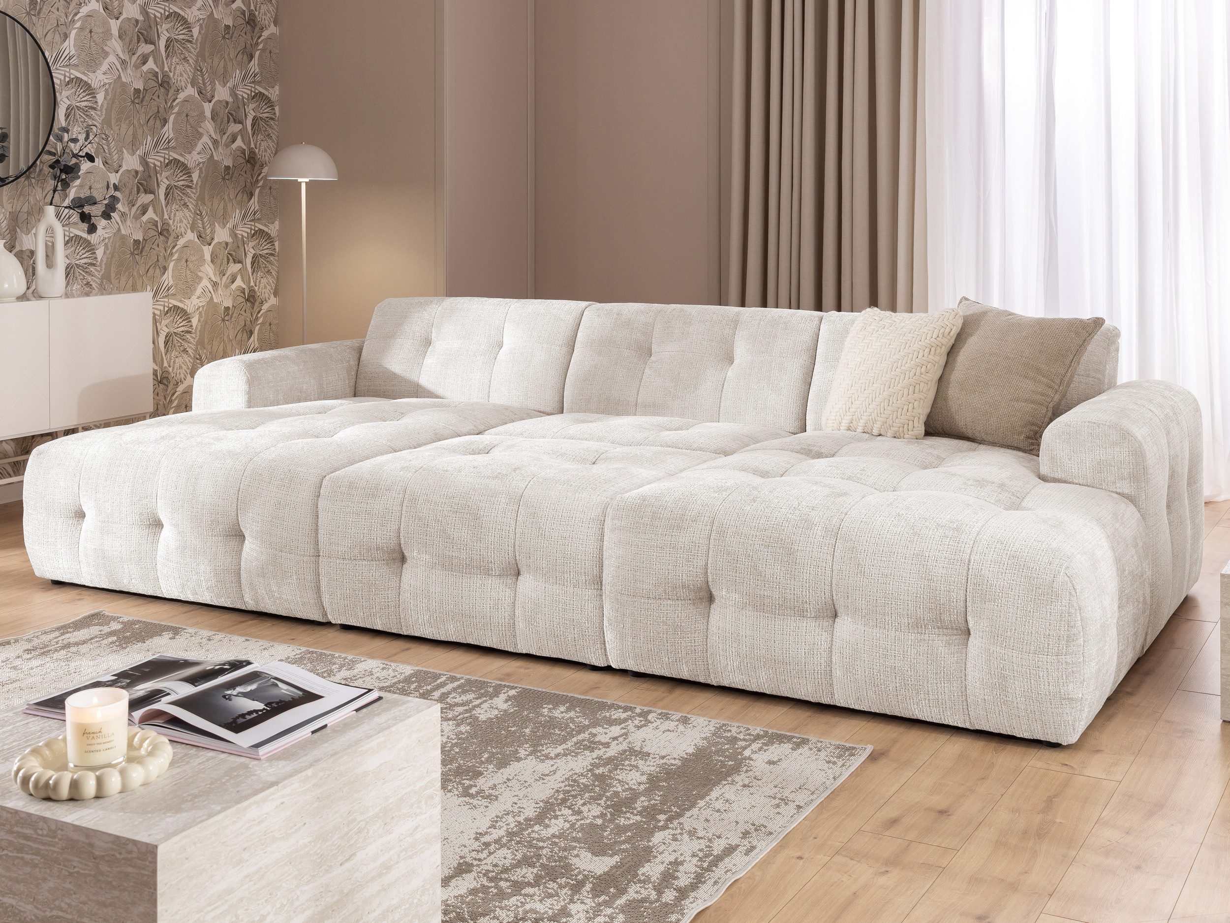 S-Style Möbel Wohnlandschaft und Hocker Kozy Bumpy-Design mit Schlaffunktion & fester Rückenlehne, aus weichem Chenille-Stoff, mit Wellenfederung