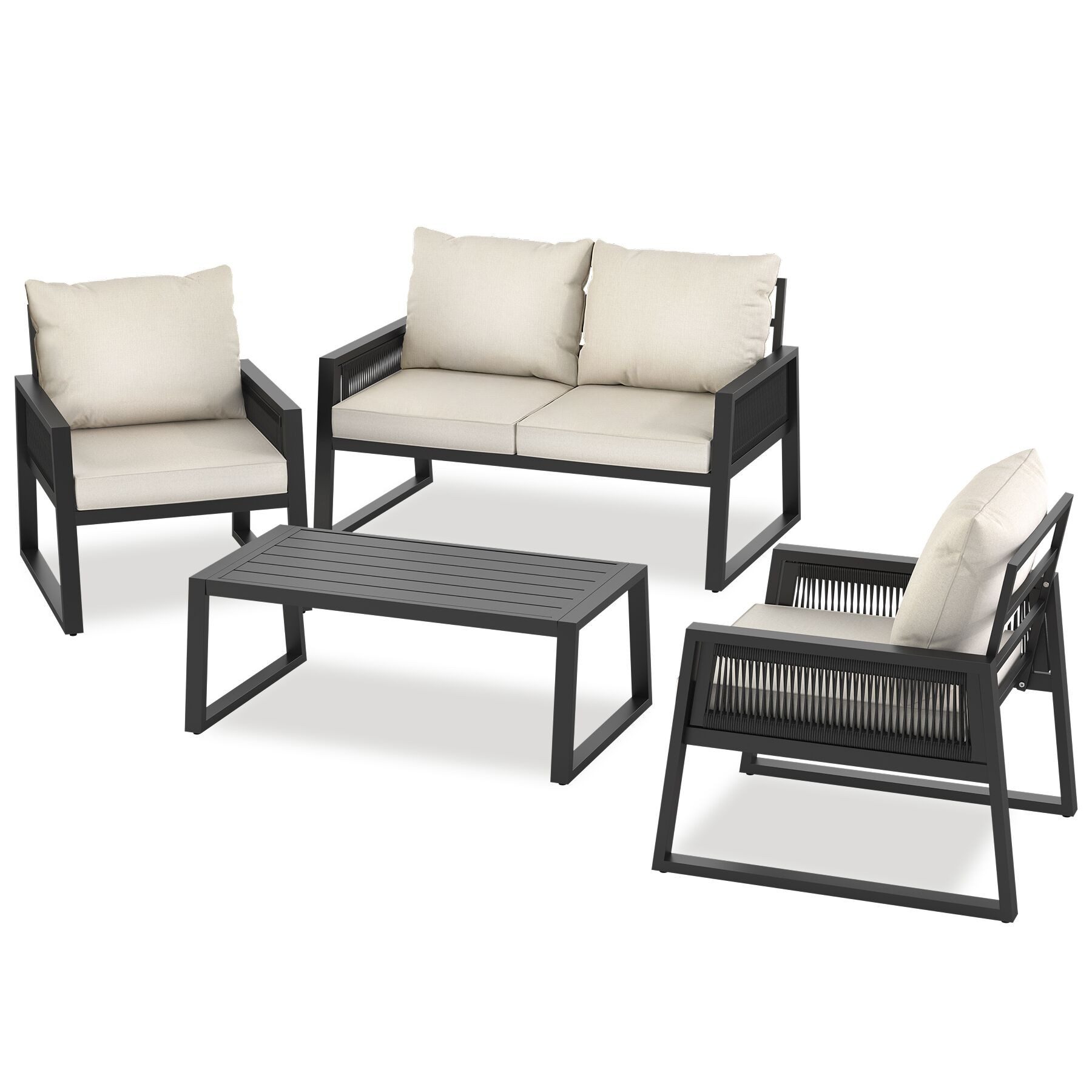tectake Gartenlounge-Set Aluminium-Outdoor-Lounge, höhenverstellbare Füße, dicke Rückenkissen, (Garten-Sitzgruppe Captive, 4-tlg., in anthrazit), Im Rope-Design, 7 cm Sitzpolster, wetterfest, Tisch mit Lamellenmuster