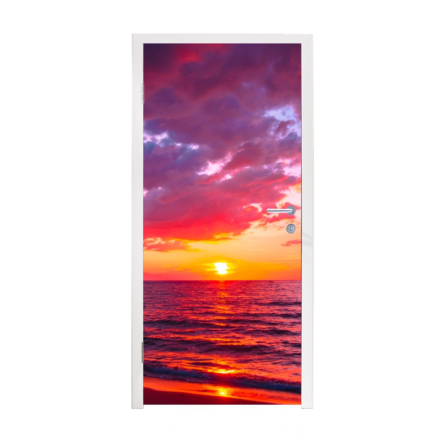 MuchoWow Türtapete Sonne - Horizont - Rosa - Palme - Meer, Matt, bedruckt, (1 St), Fototapete für Tür, Türaufkleber, 75x205 cm