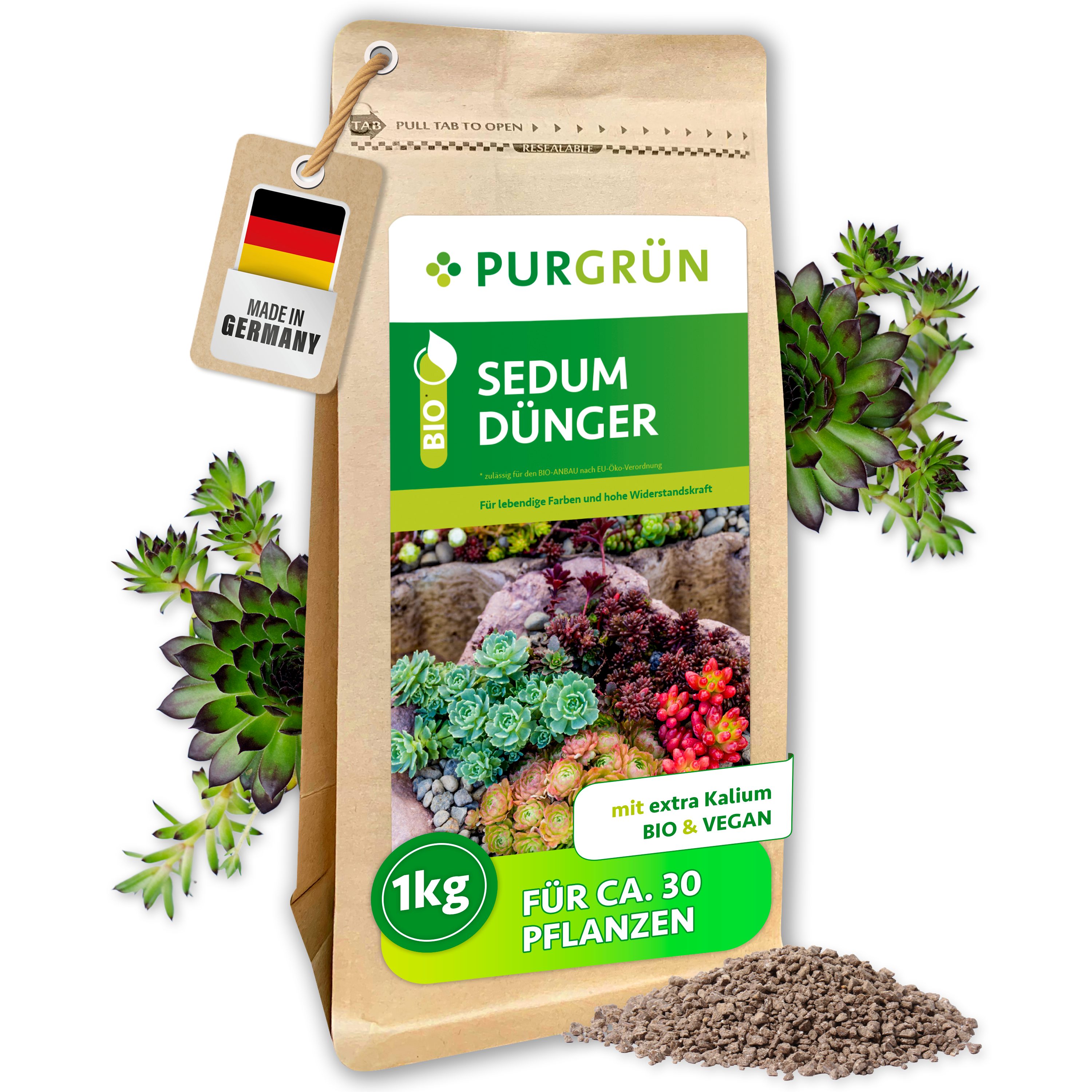 Purgrün Pflanzendünger Sedum Dünger, NPK 6+2+7, für leuchtende Blätter, 1 kg, Granulat, 1-St., 1 kg