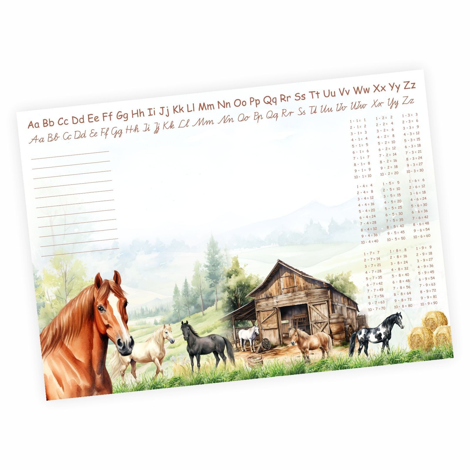 nikima Schreibtischunterlage A3 Schreibtischunterlage Pferde Pony mit kleinem 1x1 Papier 50 Blatt