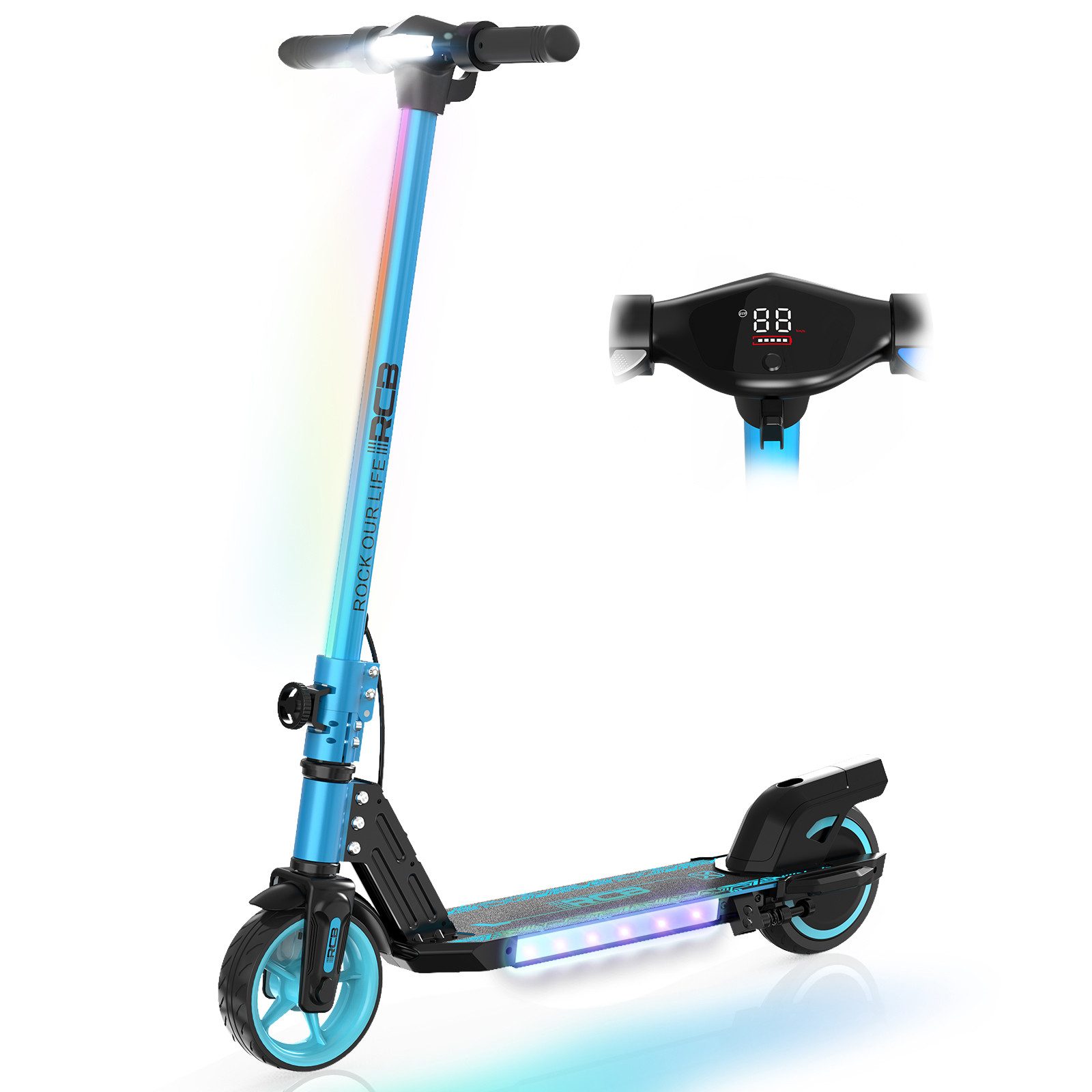 RCB TECH Elektro-Kinderroller R12 Elektrischer Kinder-Scooter, klappbar, bis 10 km Reichweite, LED, Belastbarkeit 50 kg, (1-tlg), Seitliches Licht leuchtet dauerhaft; Schutzblech auch als Bremse.