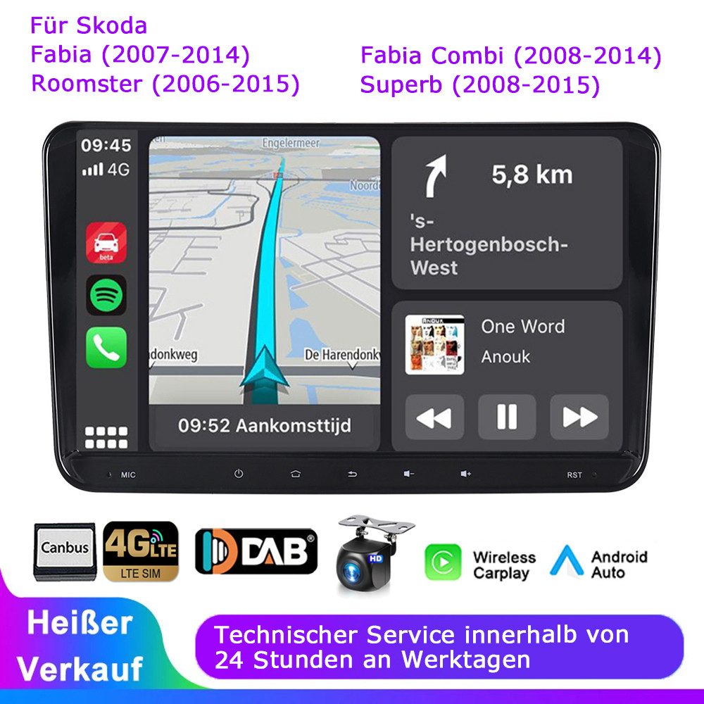 A-Sure 8-Core FM 4G-LTE Für Skoda Fabia Combi Roomster Superb GPS Android 14 Autoradio (Digitalradio (DAB), Bluetooth, DSP, RDS, SWC, Siri, Mirrorlink, Google play, Netflix, Youtube, Calendar, TikTok)