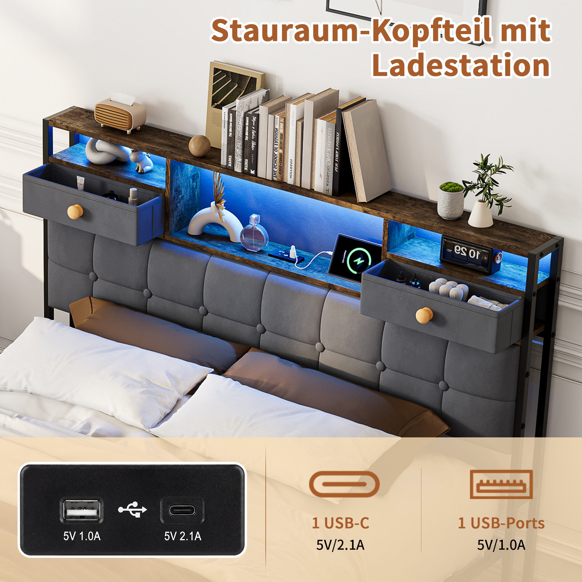 Simurq Polsterbett 140x200cm Stauraumbett mit LED, Ladefunktion und 4 Schubladen (Packung, 1-tlg., Doppelbett Mit Stauraum Kopfteil und Lattenrost), Samt Schubl – Bild 5 von 5