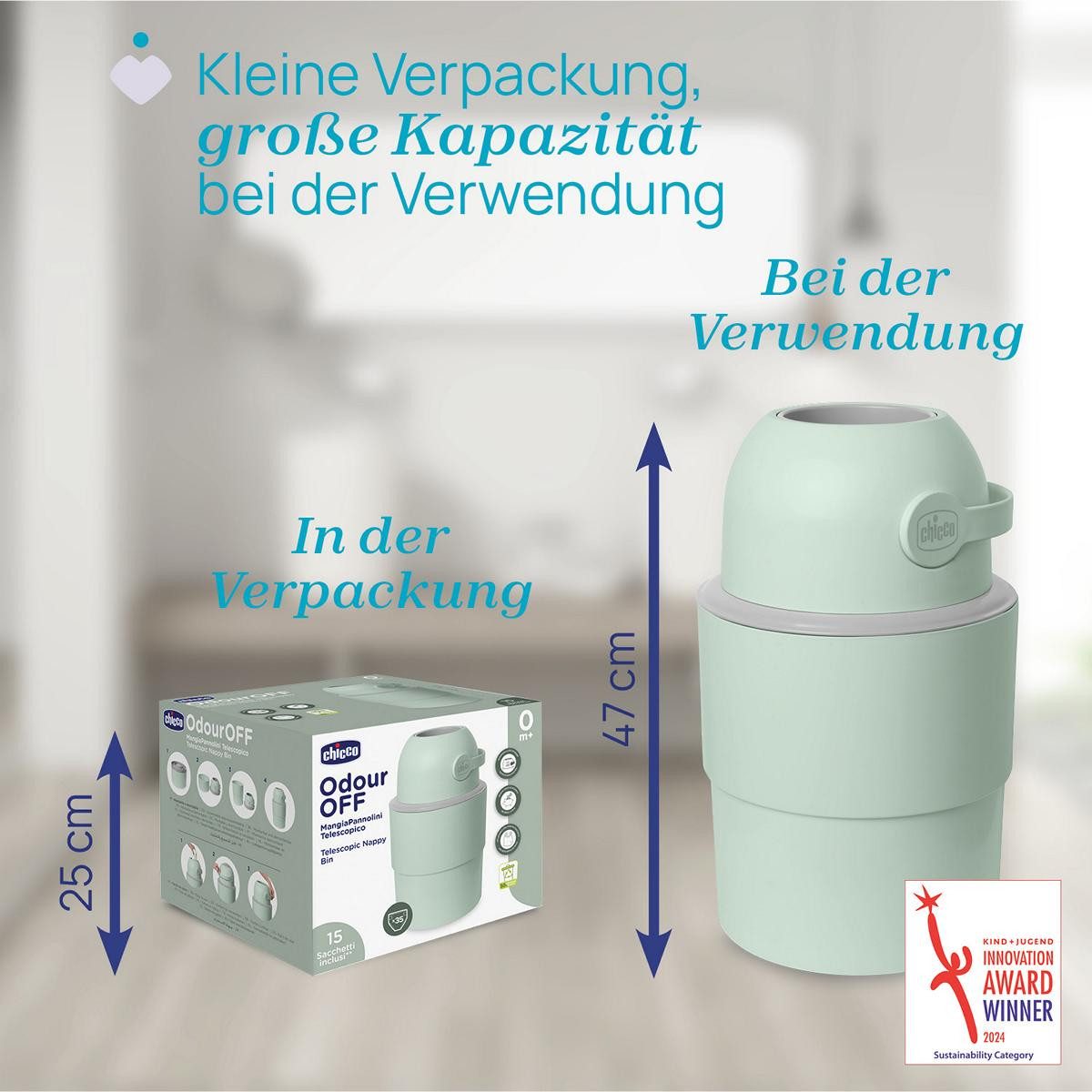 Chicco Windeleimer Windeleimer Odour Off, Windelbehälter, Inklusive 1 Pck. Müllbeutel Odour Off, Fassungsvermögen 35 Windeln