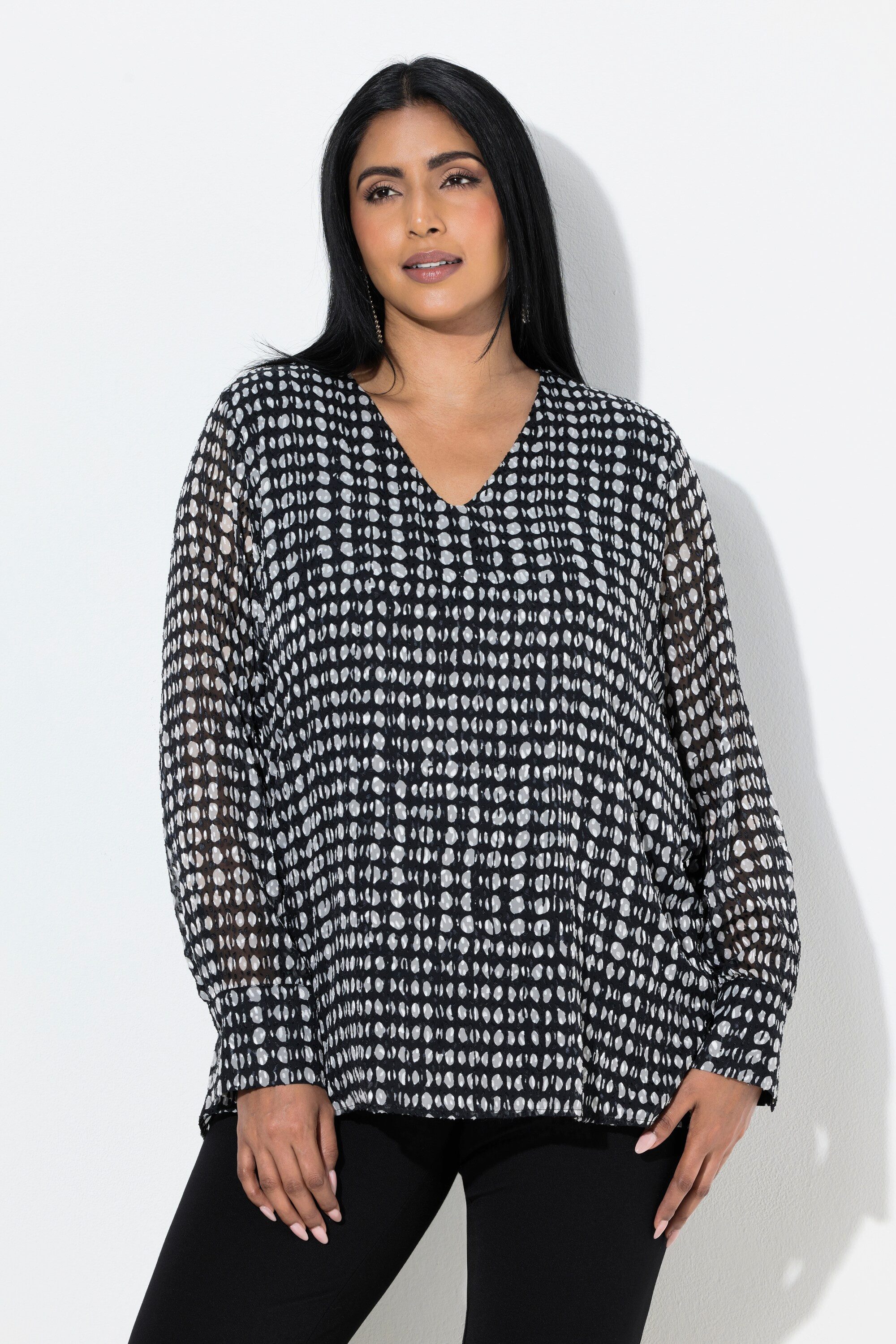 Ulla Popken Spitzenbluse Bluse doppellagig A-Linie V-Ausschnitt Langarm günstig online kaufen