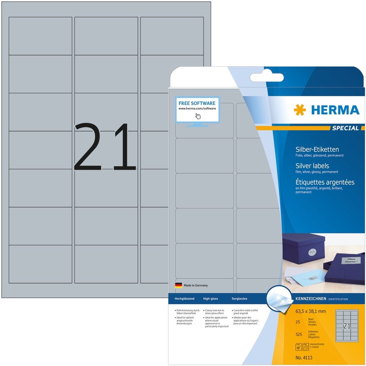 HERMA Etiketten Etiketten Folie silber 63,5x38,1mm Special A4 LaserCopy VE=525 Stück