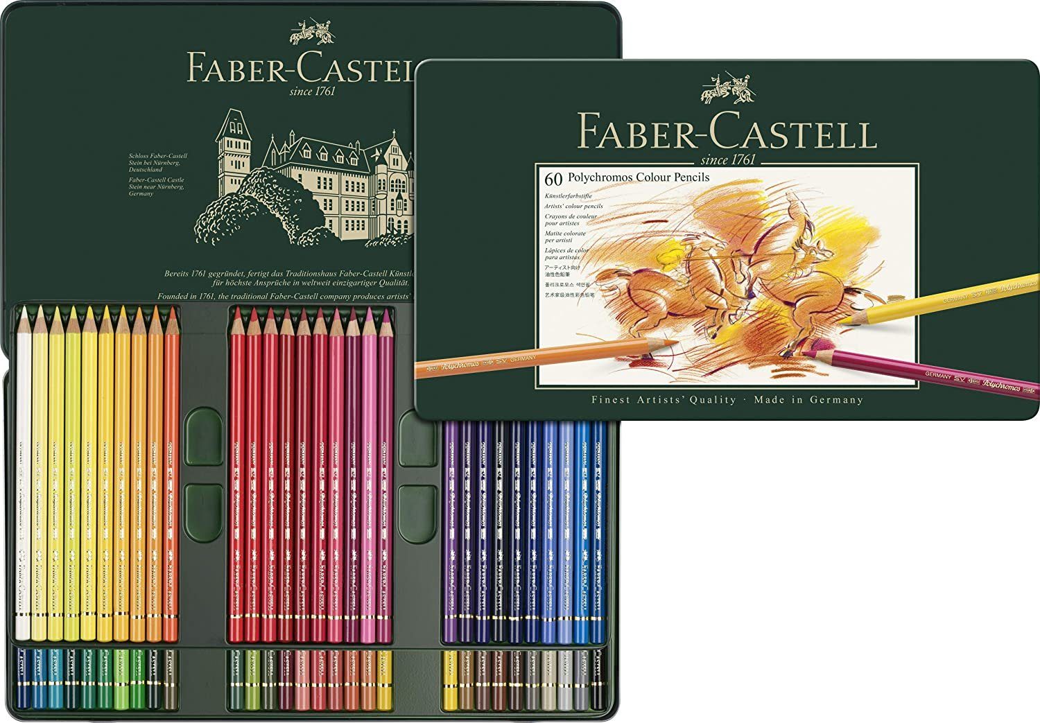 Faber-Castell Kreativset Polychromos Farbstift, 60er Metalletui, (60-tlg), Haften auf rauen Oberflächen wie Papier, Karton, Holz, Stein, Leder