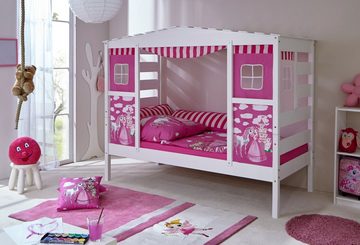 Ticaa Hausbett Hausbett mit Bettkasten "Horse Rosa" Kiefer Weiß (Set, Inklusive Prinzessinnen-Vorhang), stellbar zu einem Einzelbett