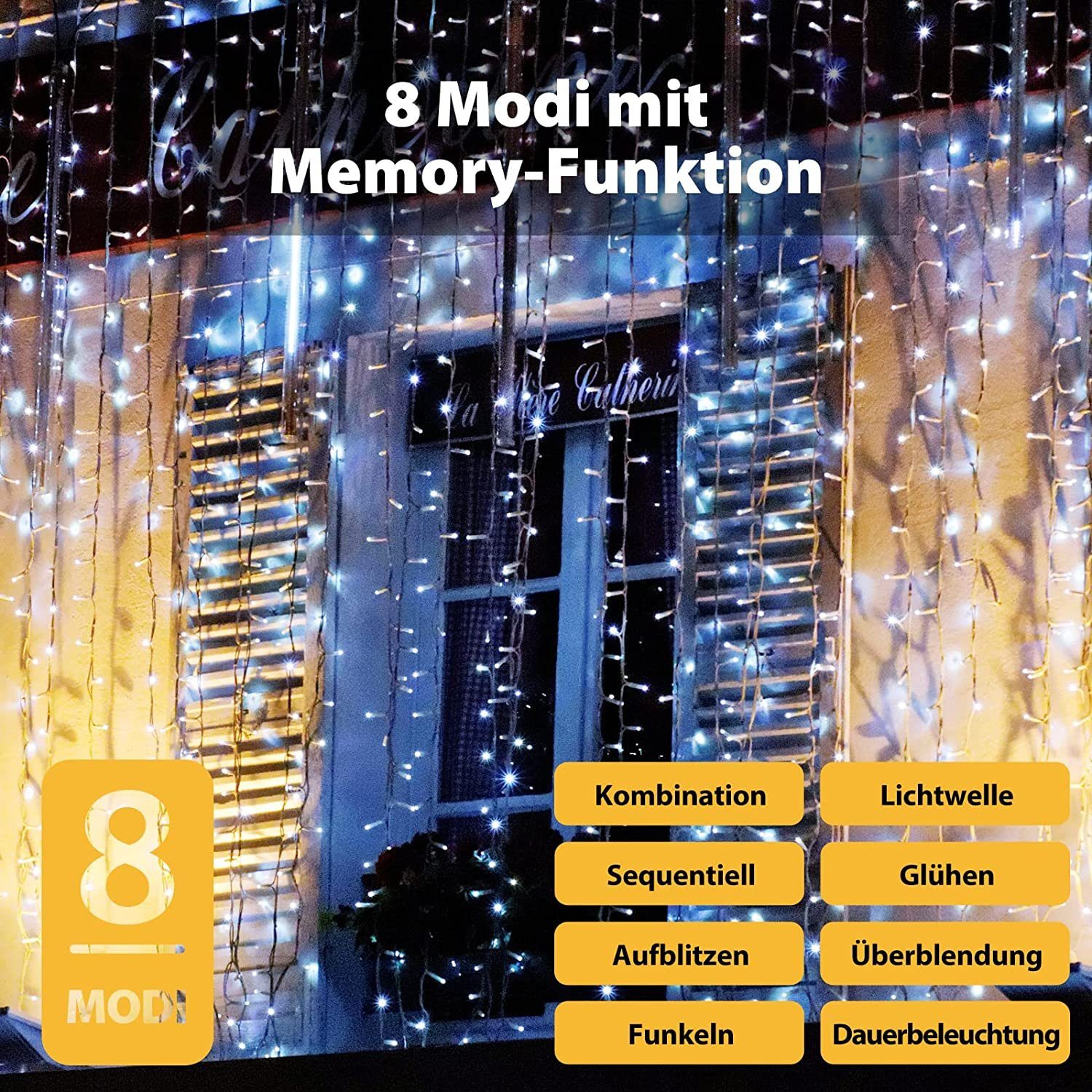 Salcar LED-Lichterkette LED Lichtvorhang Weihnachten Lichterkette 8 Beleuchtungsmodi, Timer und Memory-Funktion, Spritzwassergeschützt, 3 x 3m Kaltweiß – Bild 3 von 5