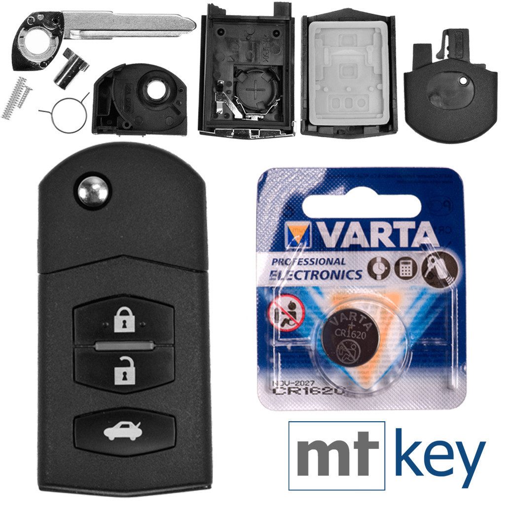 mt-key Auto Klapp Schlüssel Ersatz Gehäuse 3 Tasten + Rohling + VARTA CR1620 Knopfzelle, CR1620 (3 V), für Mazda 2 DE 6 GH CX-7 ER MX-5 NC 3 BL 5 CR Funk Fernbedienung