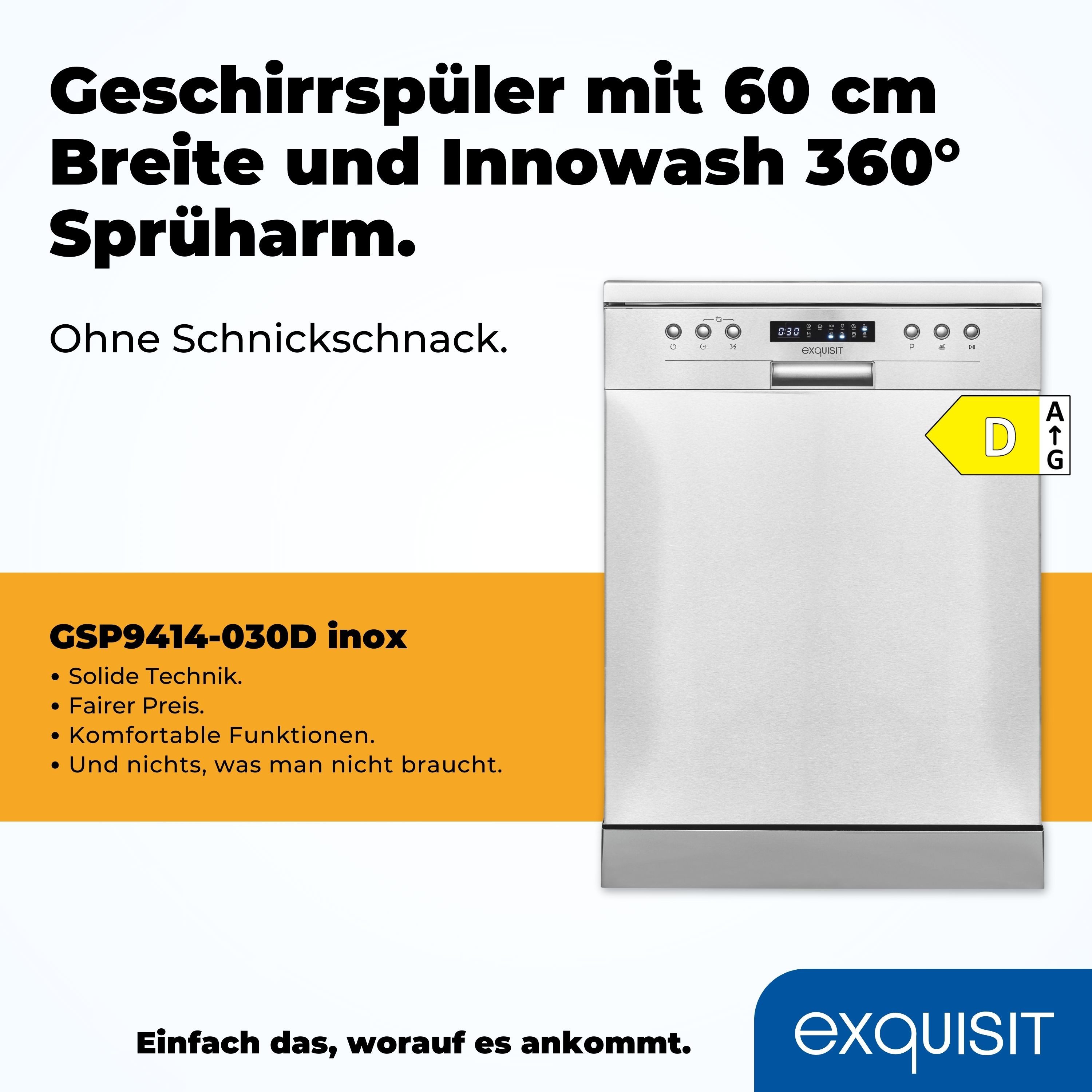 exquisit Standgeschirrspüler GSP9414-030D inox, 14 Maßgedecke, Stand-/Unterbaugerät, 14 Maßgedecke – 6 Programme mit LED & Timer