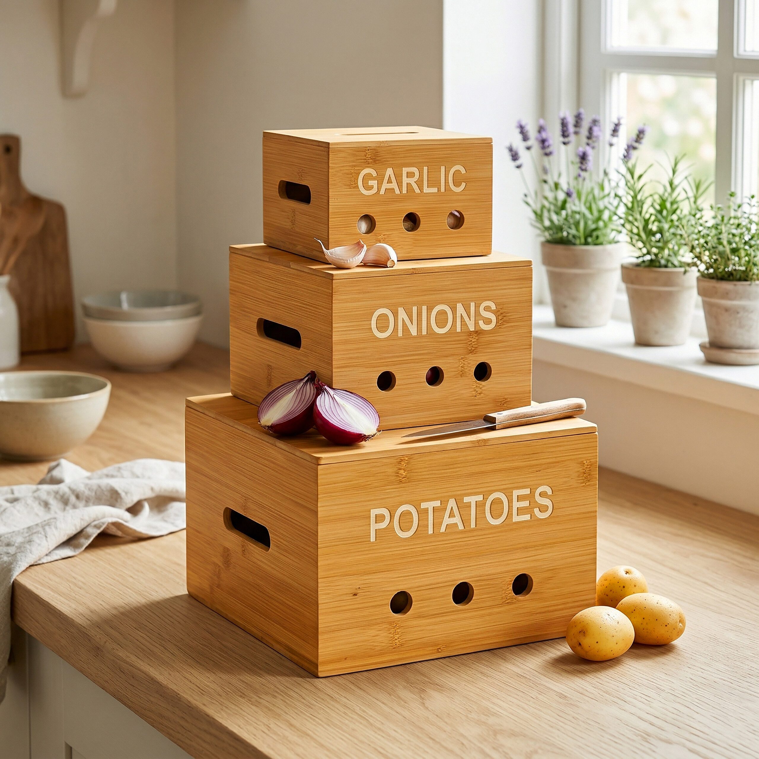 relaxdays Kartoffelkiste Bambus Aufbewahrungsboxen für Küche