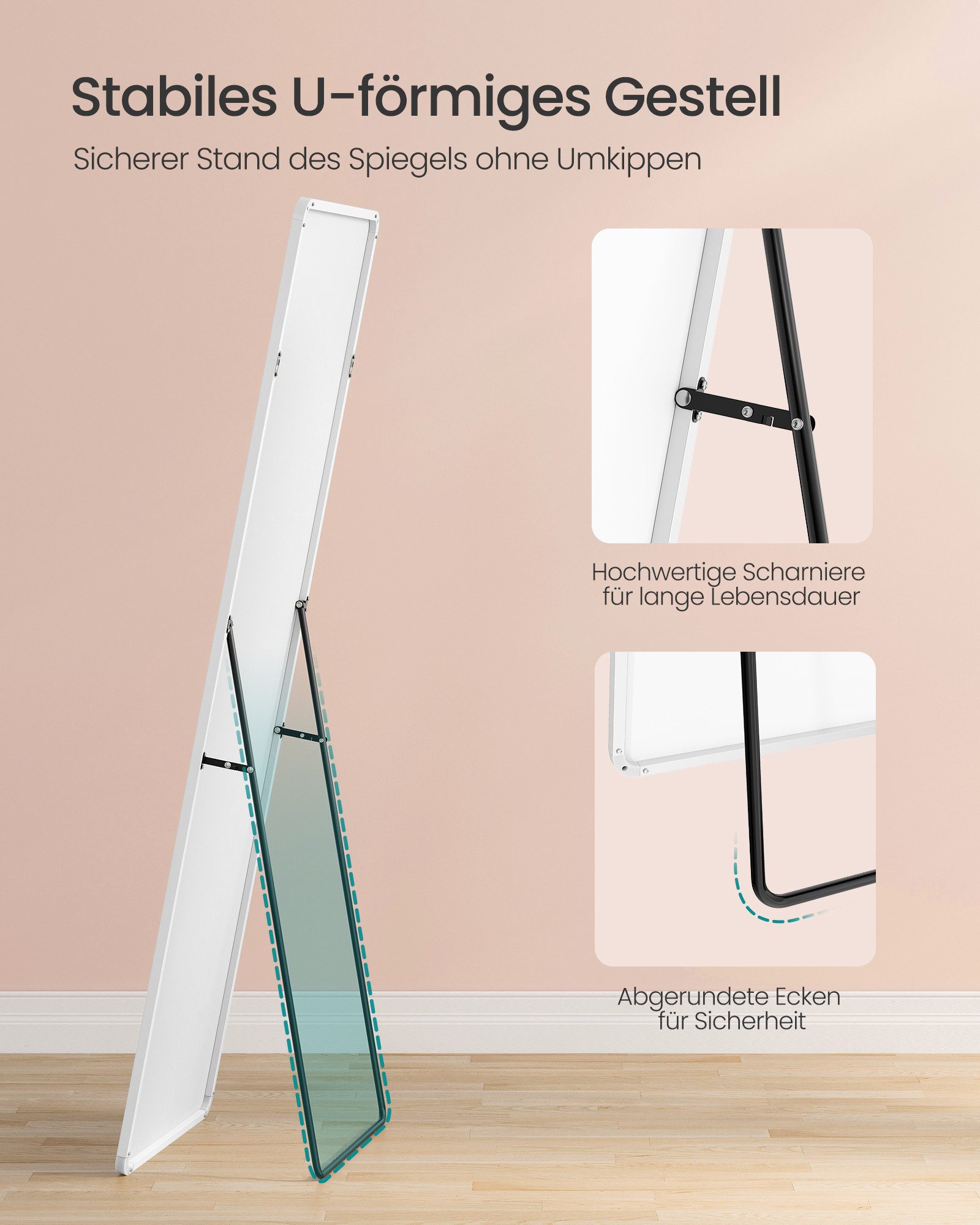 SONGMICS Standspiegel Ganzkörperspiegel mit saughaftem, verschiebbarem Vergrößerungsspiegel, Ganzkörperspiegel, 160 x 50 / 140 x 40 cm, stehend oder wandmontier – Bild 5 von 5