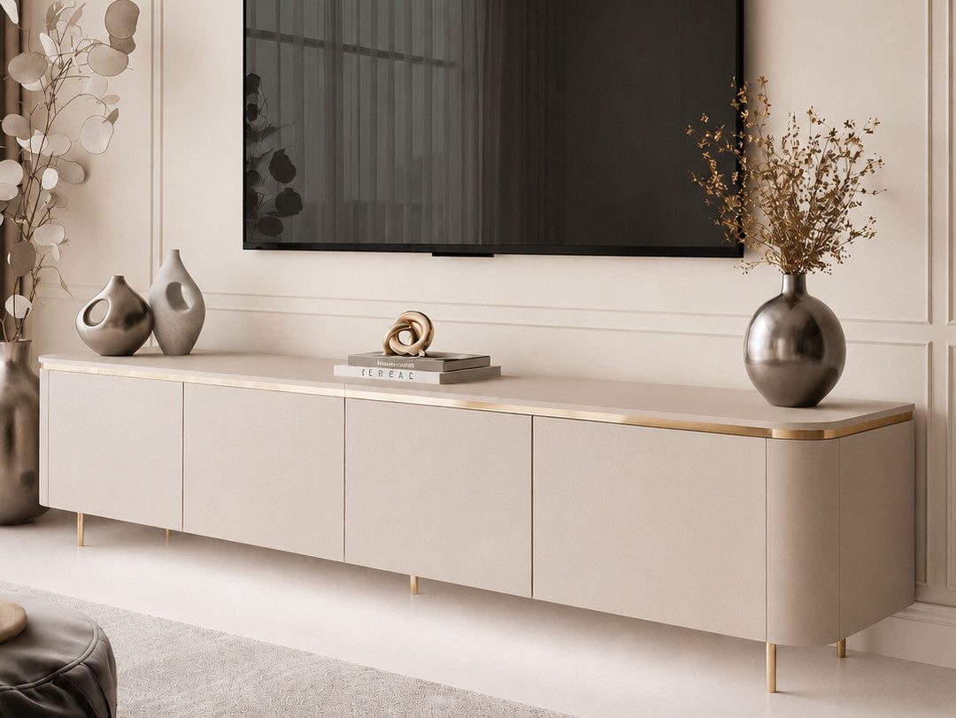 ALLHOUSE24 TV-Schrank LINE 200 cm Kaschmir matt, LED, Push-Open, goldene Metallbeine (1x TV Schrank) Breite 200 cm