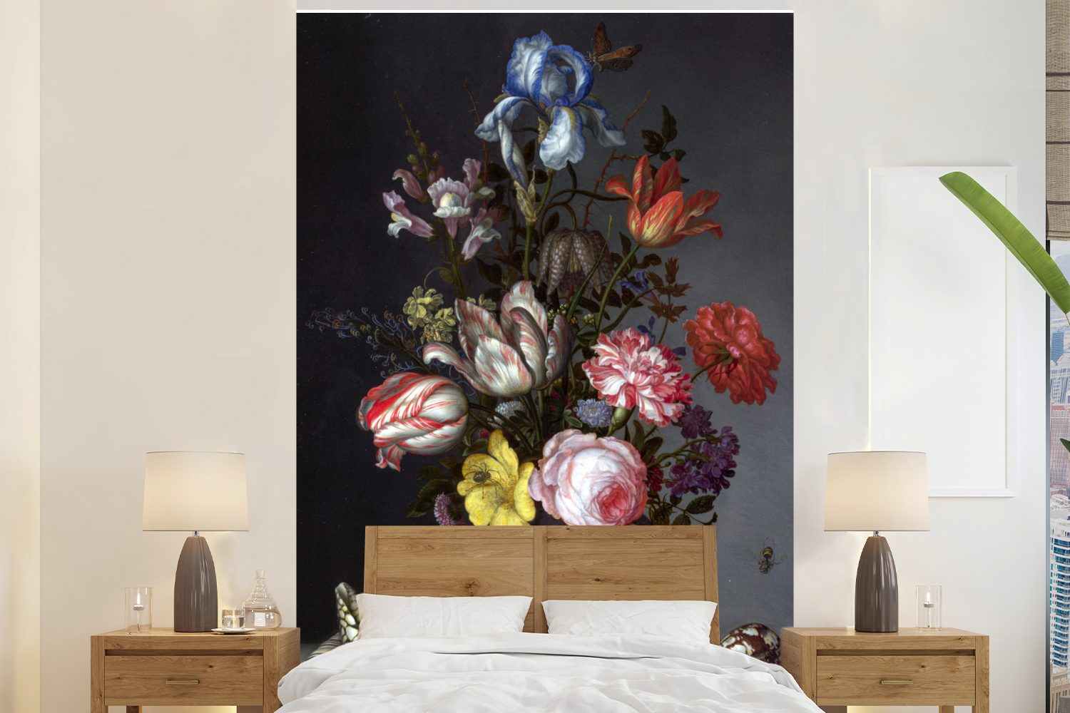 MuchoWow Fototapete Blumen in einer Vase mit Muscheln und Insekten - Balthasar van der Ast, Matt, bedruckt, (3 St), Montagefertig Vinyl Tapete für Wohnzimmer, Wandtapete