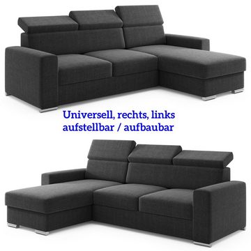 Möbel Punkt Ecksofa Ecksofa TOKIO Webstoff Grau oder Schwarz mit Bett und Bettkasten, Rechts und Links universell aufbaubar, mit Bettfunktion