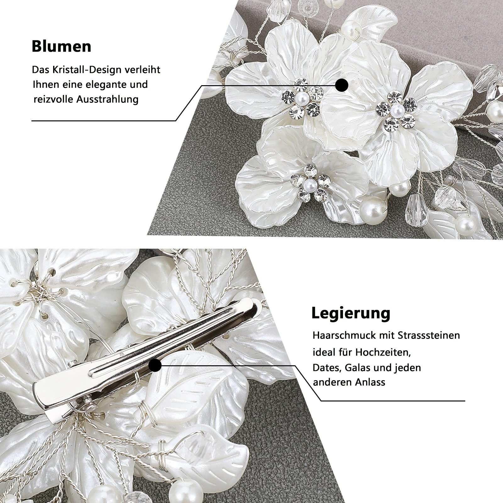 Bomiclss Haarspange 3er Set Braut Haarspangen mit Perlen & Strass – Blumen Haarclips, 3-tlg., für Hochzeit & Fest – Elegante Braut Haaraccessoires