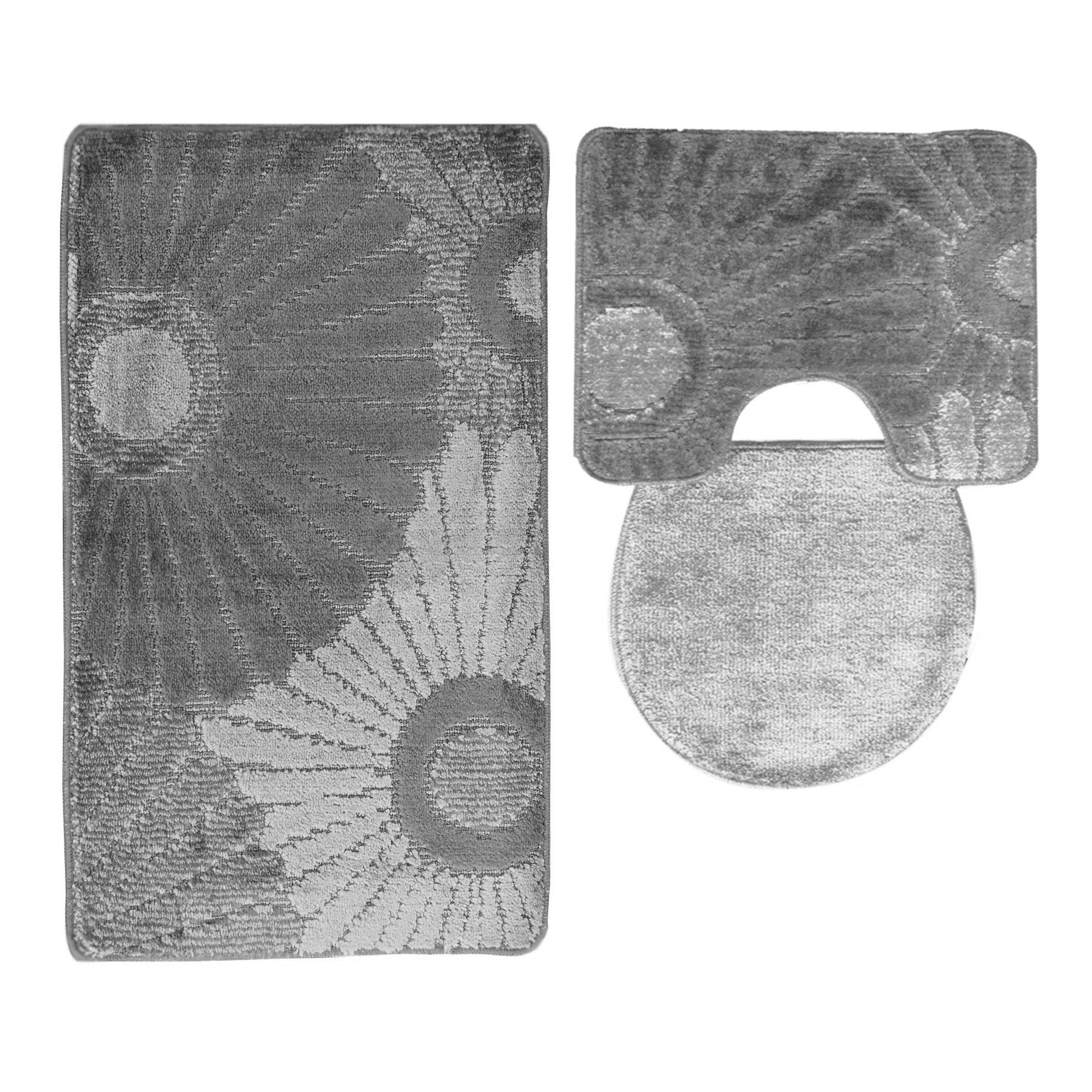 ROLFNERS Badematte 3 tlg Badematte Badezimmerteppich Badteppich Set Grau, Weicher Flor, Rutschfest, Schnell Trocknend, Fußbodenheizungsgeeignet, Polypropylen, Florhöhe ca. 15 mm, Waschbar bis max. 30°C
